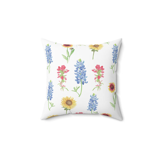 Texas Wildflowers Bluebonnet & Sunflower Watercolor Throw Pillow — Floral Decorative Cushion