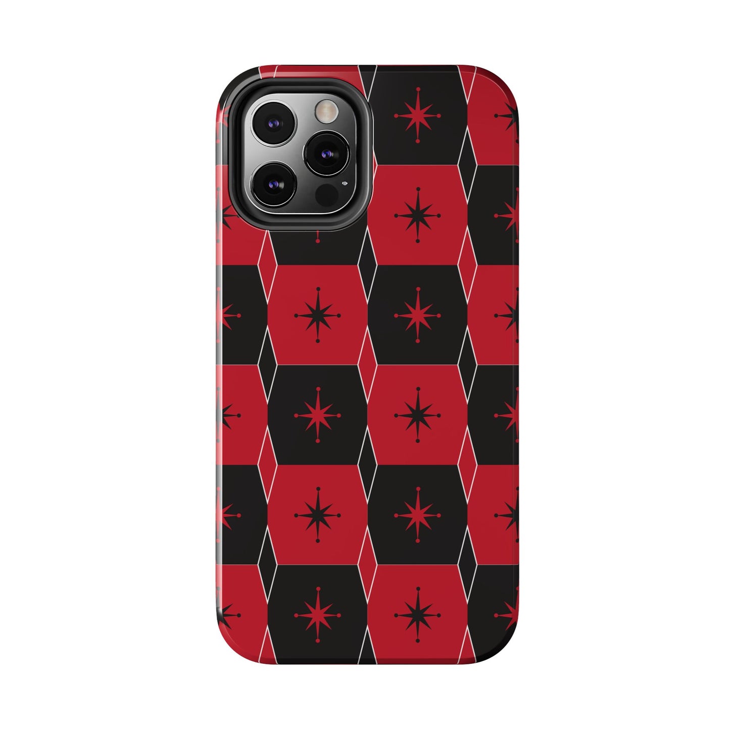 Square and Diamond Pattern in Red and Black Tough iPhone Case