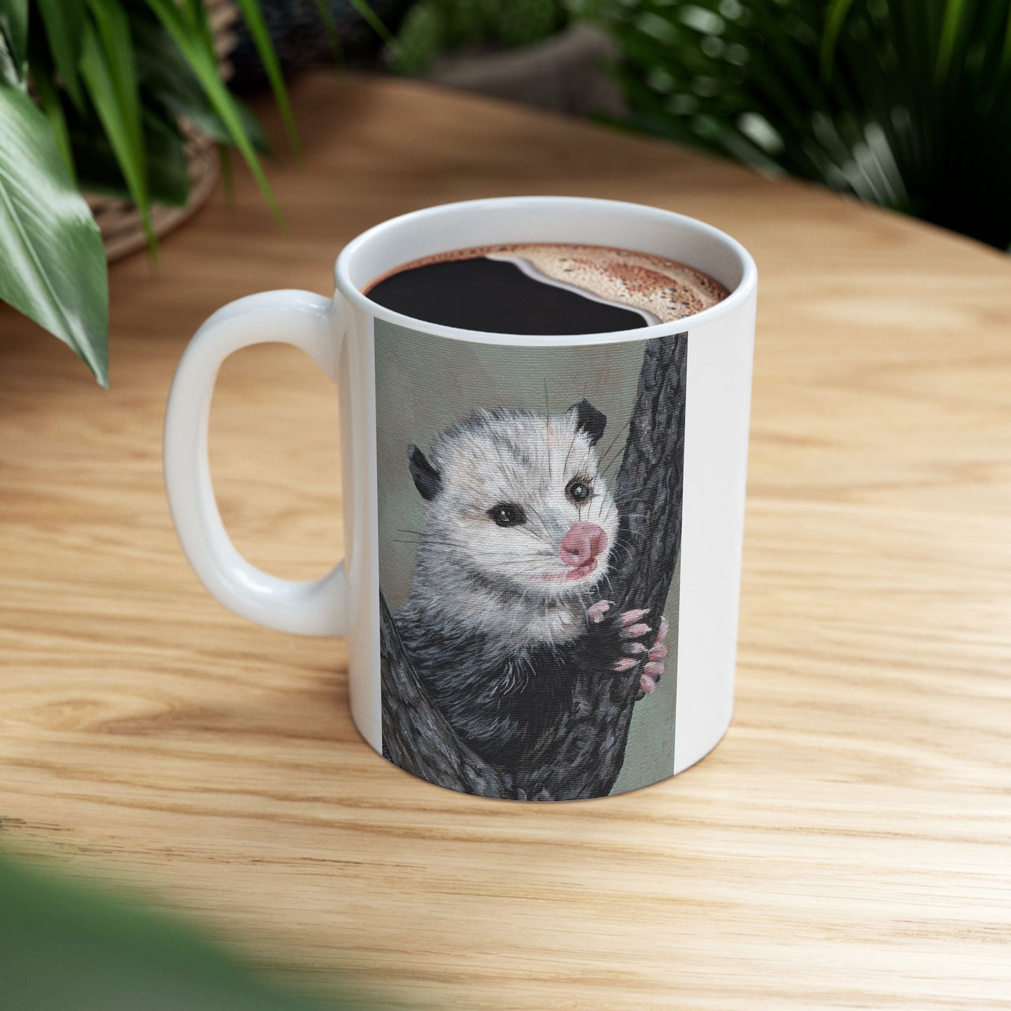 Opossum Art Ceramic Mug — Cute Wildlife Tree-Climbing Possum Coffee Cup (11oz/15oz)
