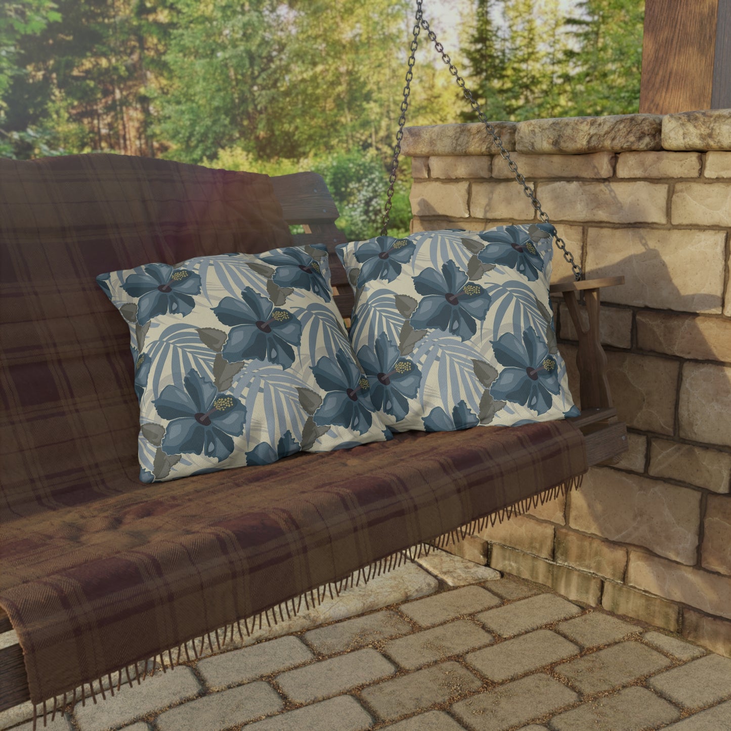 Blue Hibiscus in Earthtones Outdoor Pillows