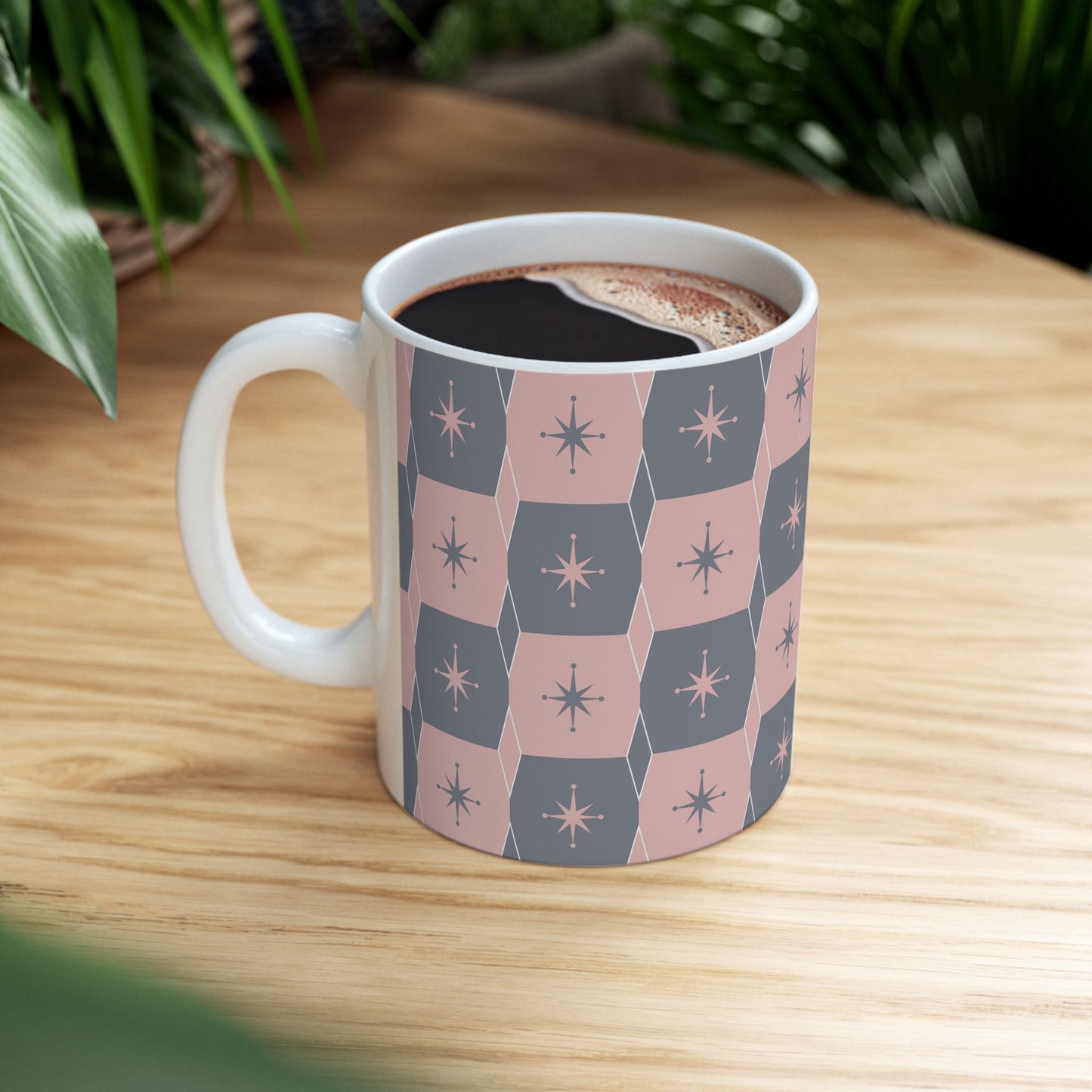 Mid-Century Starburst Ceramic Mug — Pink & Slate Geometric Pattern (11oz, 15oz)
