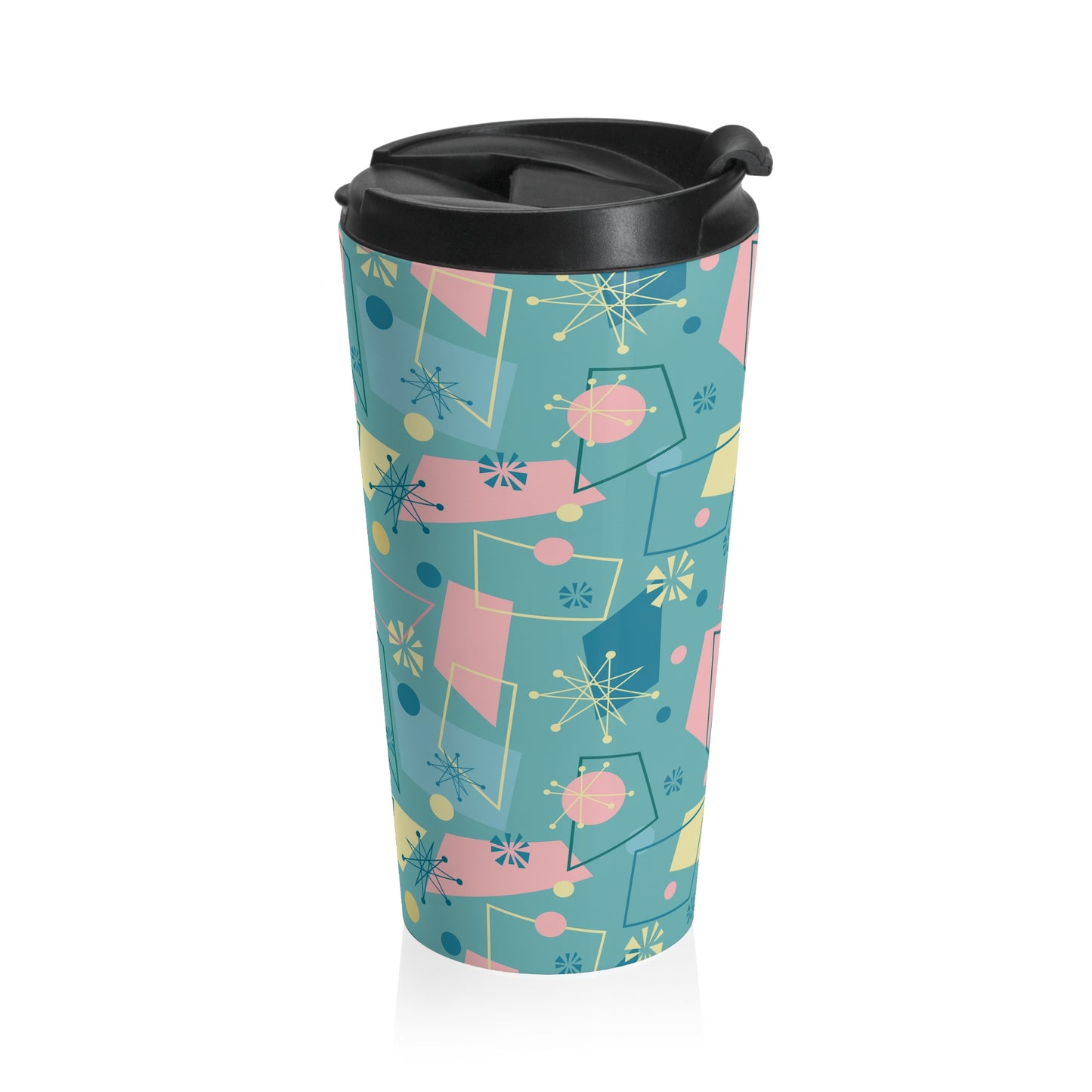Retro Geometric Travel Mug — Teal Mid-Century Pattern