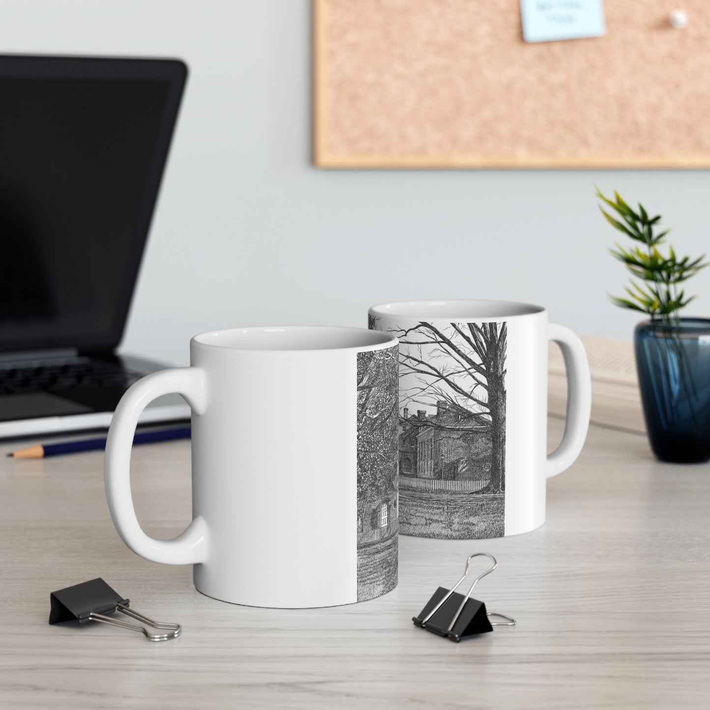 Wren Building, CWM Ceramic Mug — Black & White Architectural Illustration (11oz, 15oz)