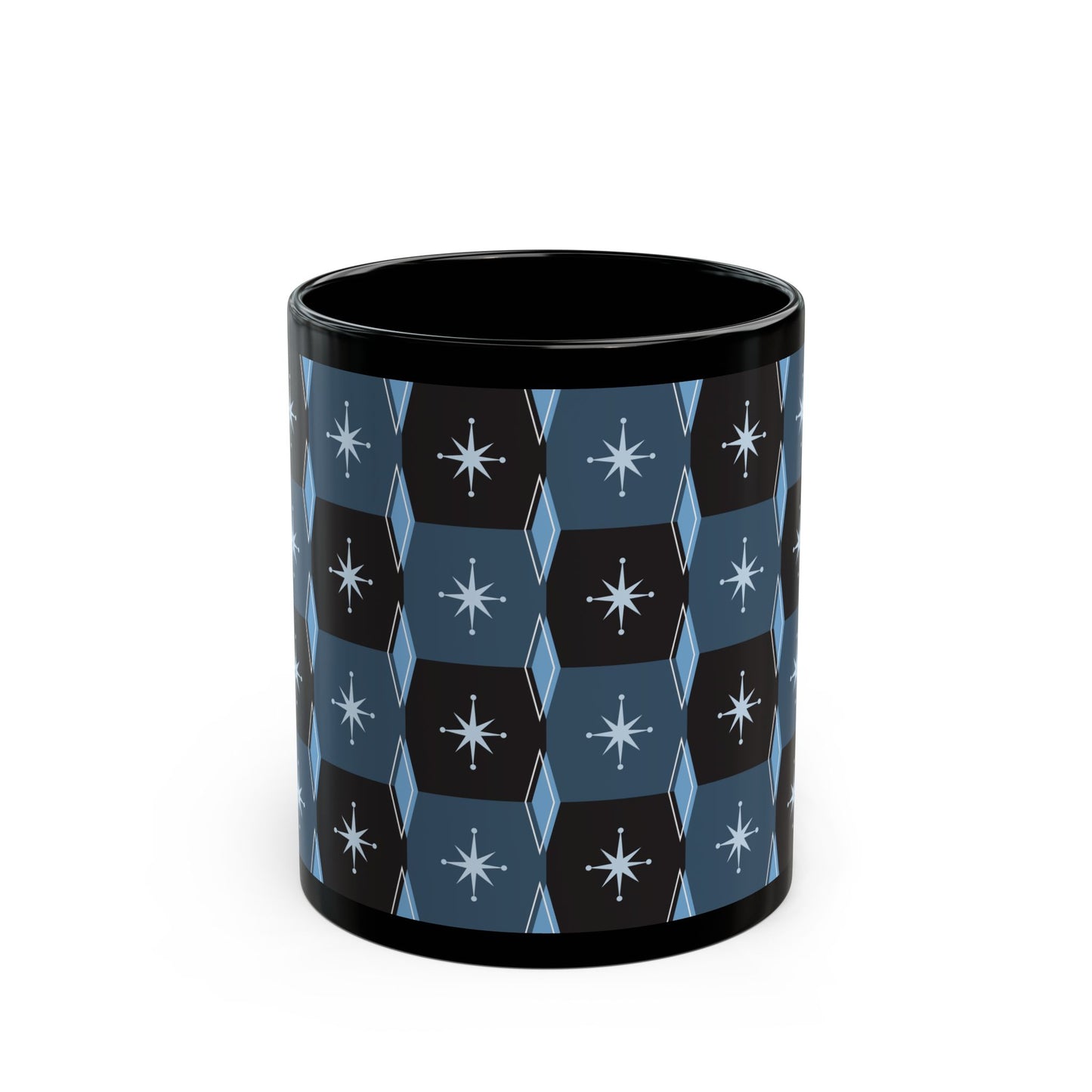 Retro Starburst Pattern Black Coffee Mug — Mid-Century Geometric 11oz/15oz