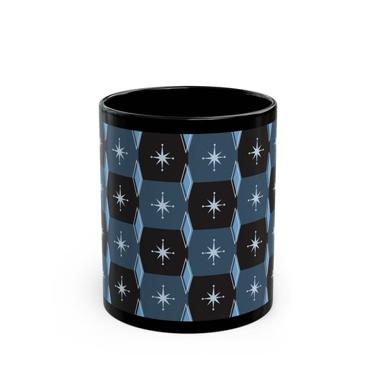 Retro Starburst Pattern Black Coffee Mug — Mid-Century Geometric 11oz/15oz