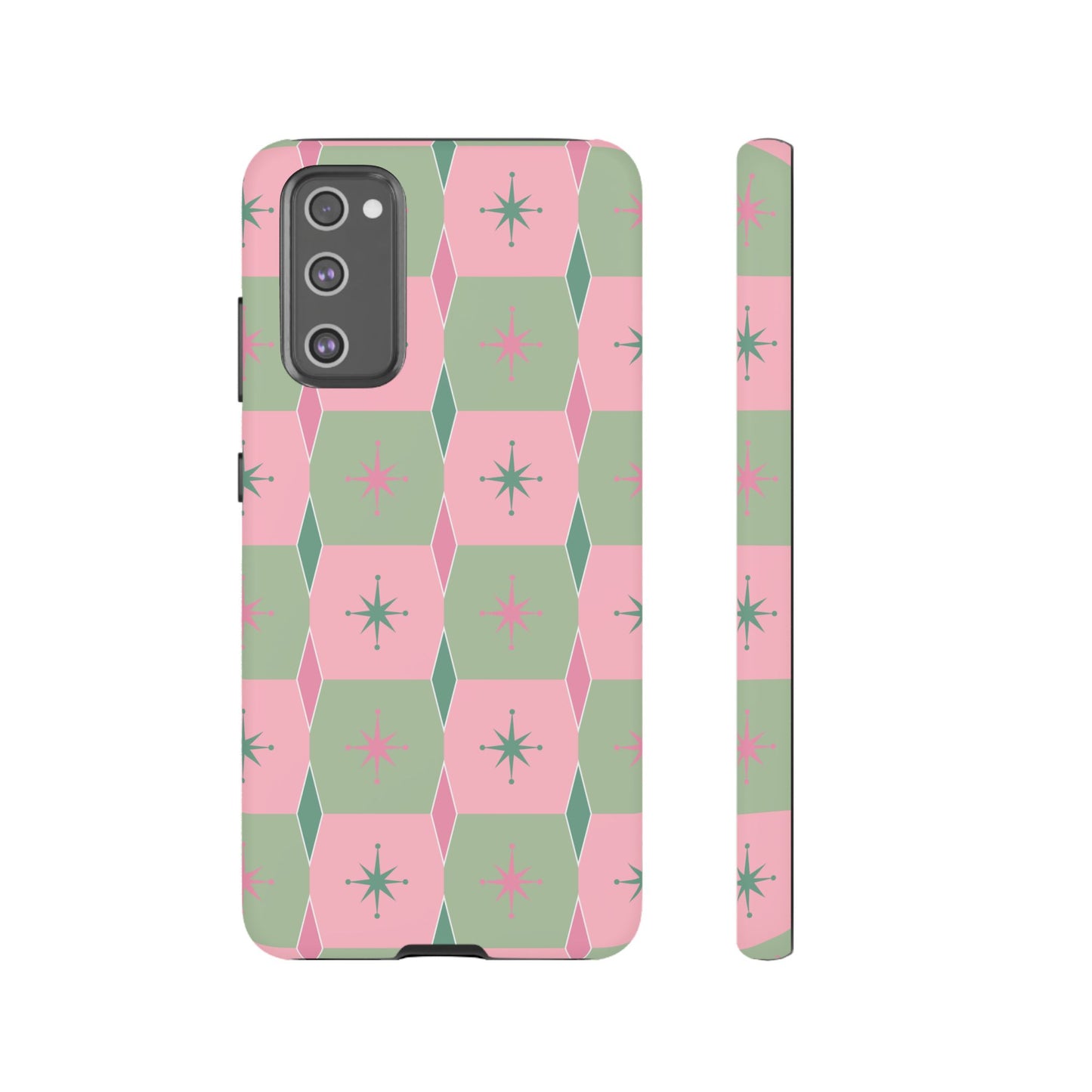 1950s Retro Square and Diamond Pattern in Pink and Green Tough Cases