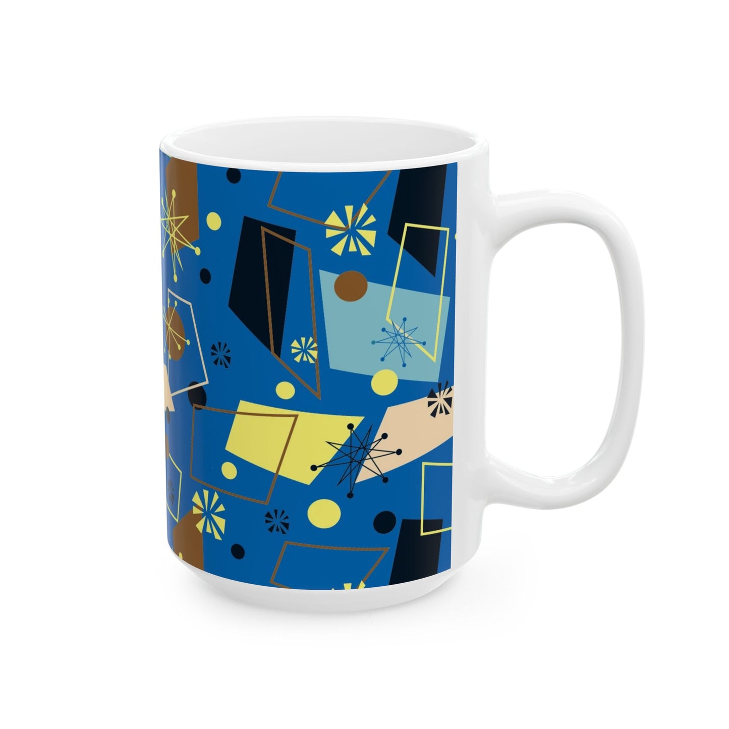 Retro Atomic Blue Ceramic Mug – Mid-Century Modern Geometric Coffee Cup (11oz/15oz)