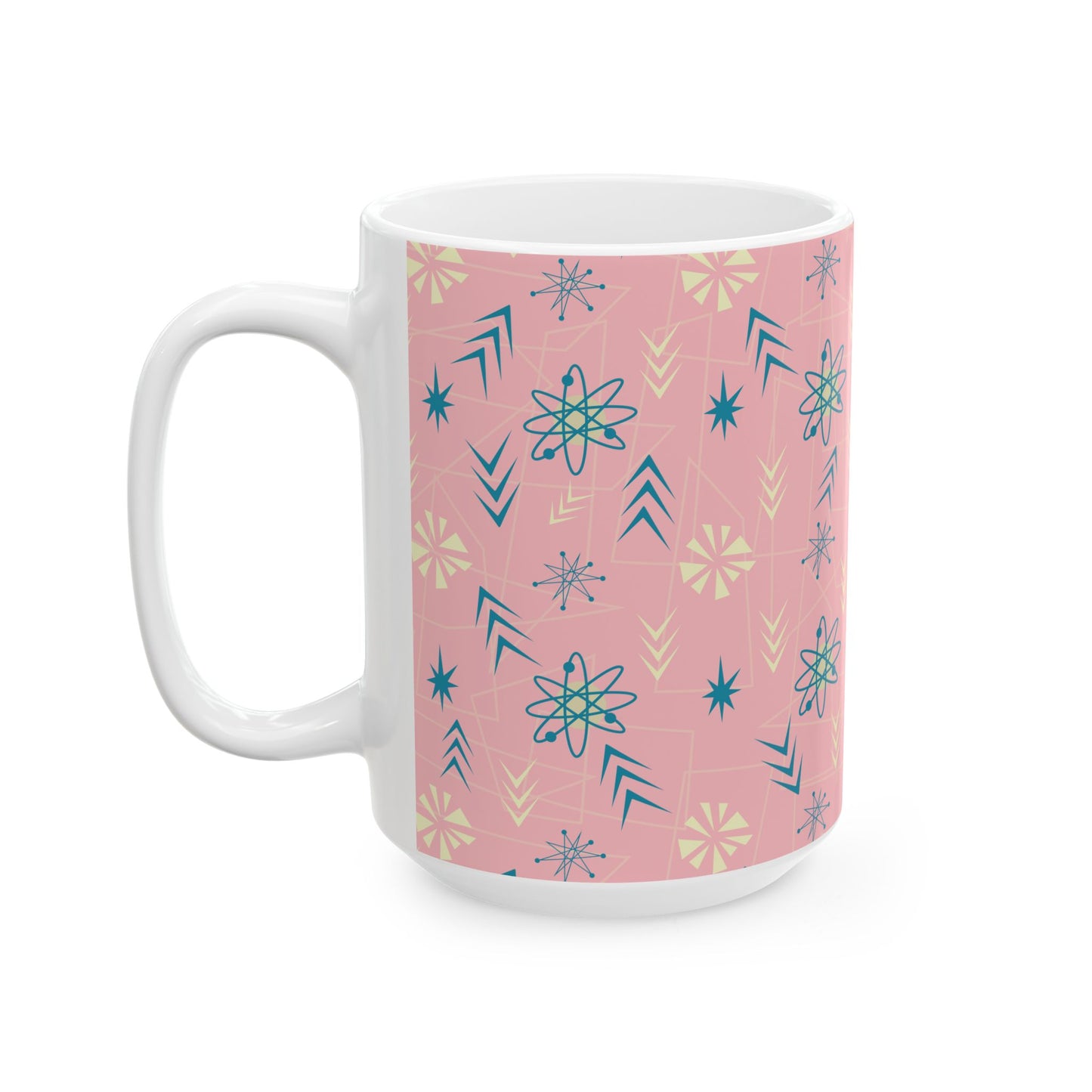 Pink Retro Starburst Ceramic Mug – Mid-Century Modern Coffee Cup (11oz/15oz)