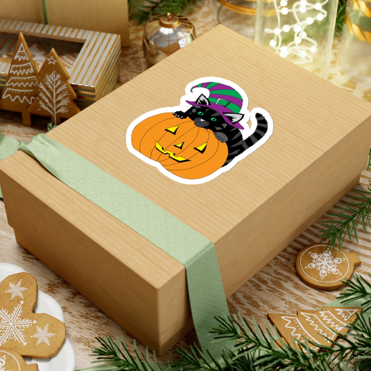 Kitten on Jack O' Lantern Kiss-Cut Stickers