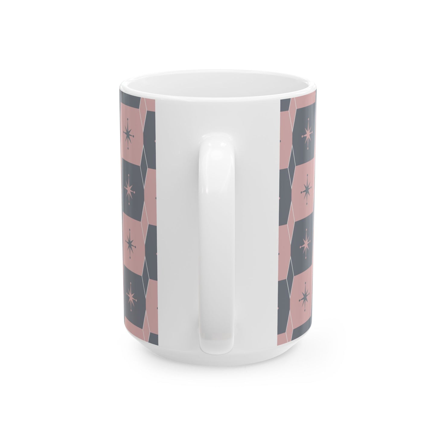 Mid-Century Starburst Ceramic Mug — Pink & Slate Geometric Pattern (11oz, 15oz)