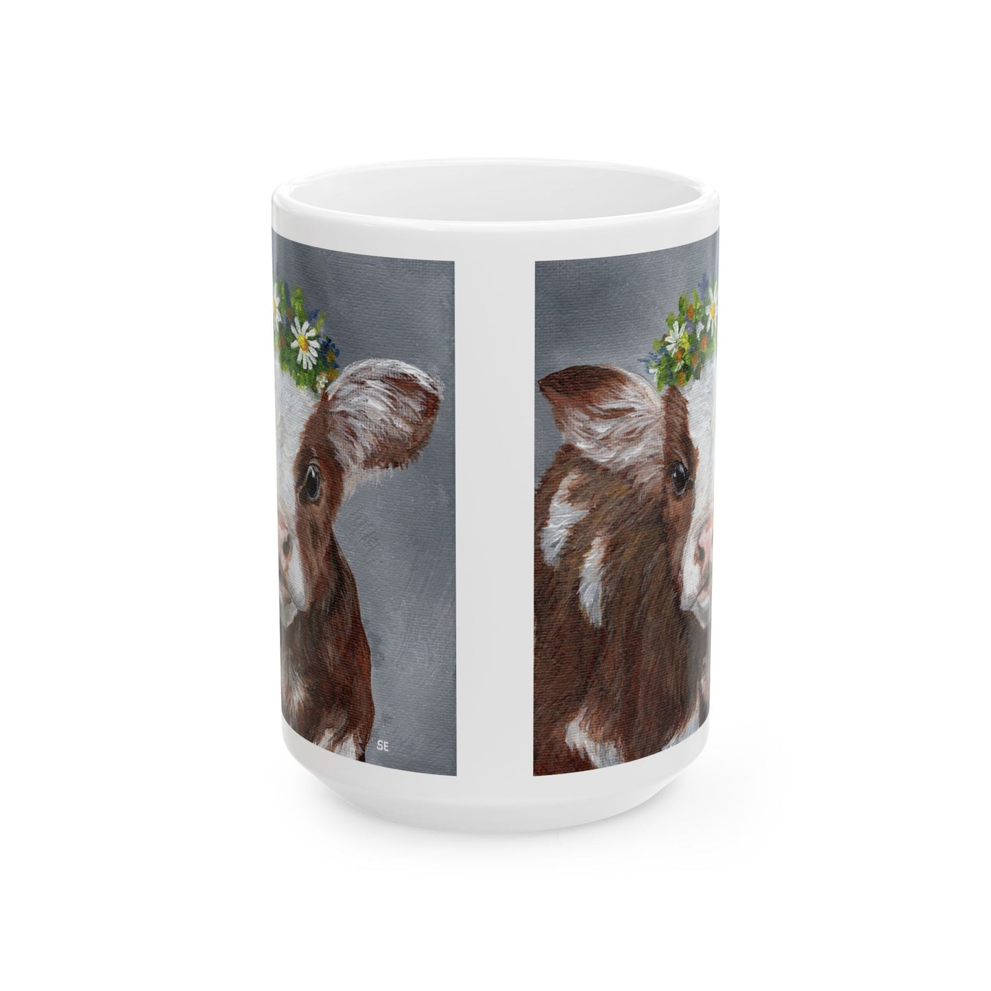 Cow with Daisy Crown Ceramic Mug — Cute Farm Animal Coffee Cup (11oz, 15oz)