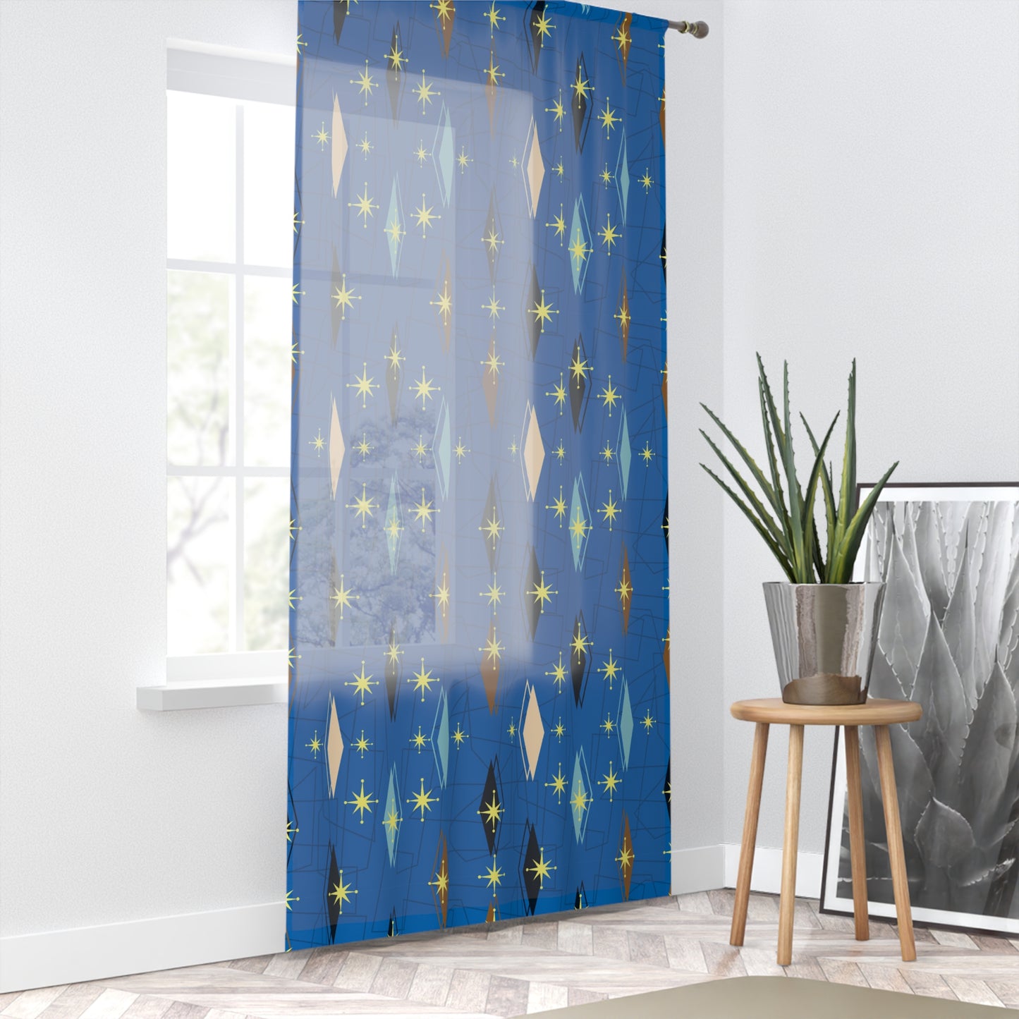 Mid-Century Starburst Window Curtain — Retro Blue Diamond Pattern
