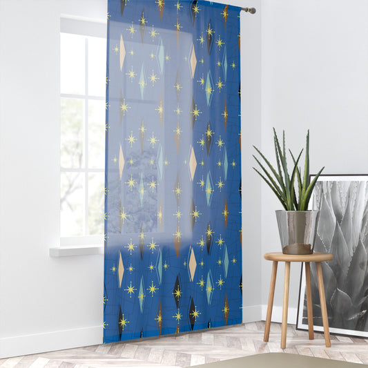 Mid-Century Starburst Window Curtain — Retro Blue Diamond Pattern