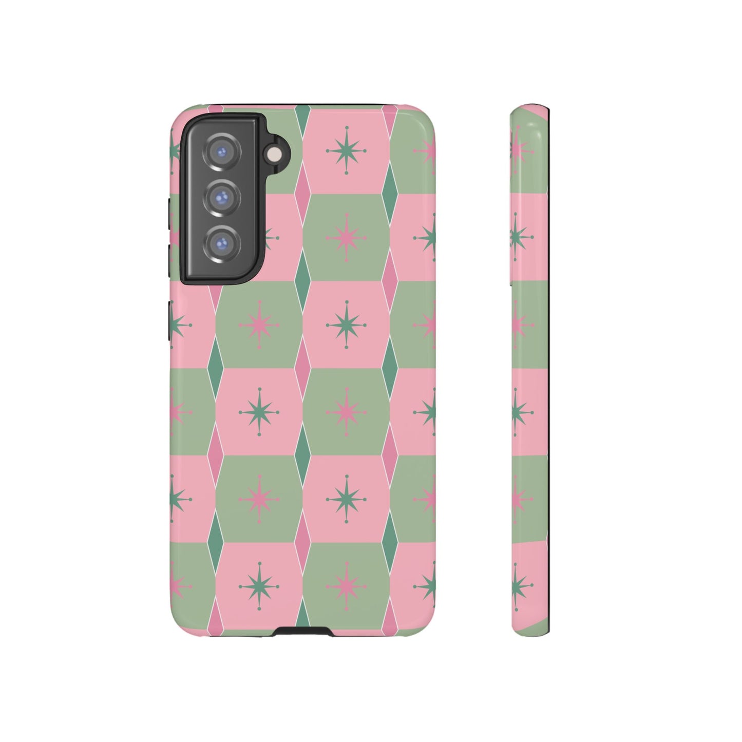 1950s Retro Square and Diamond Pattern in Pink and Green Tough Cases