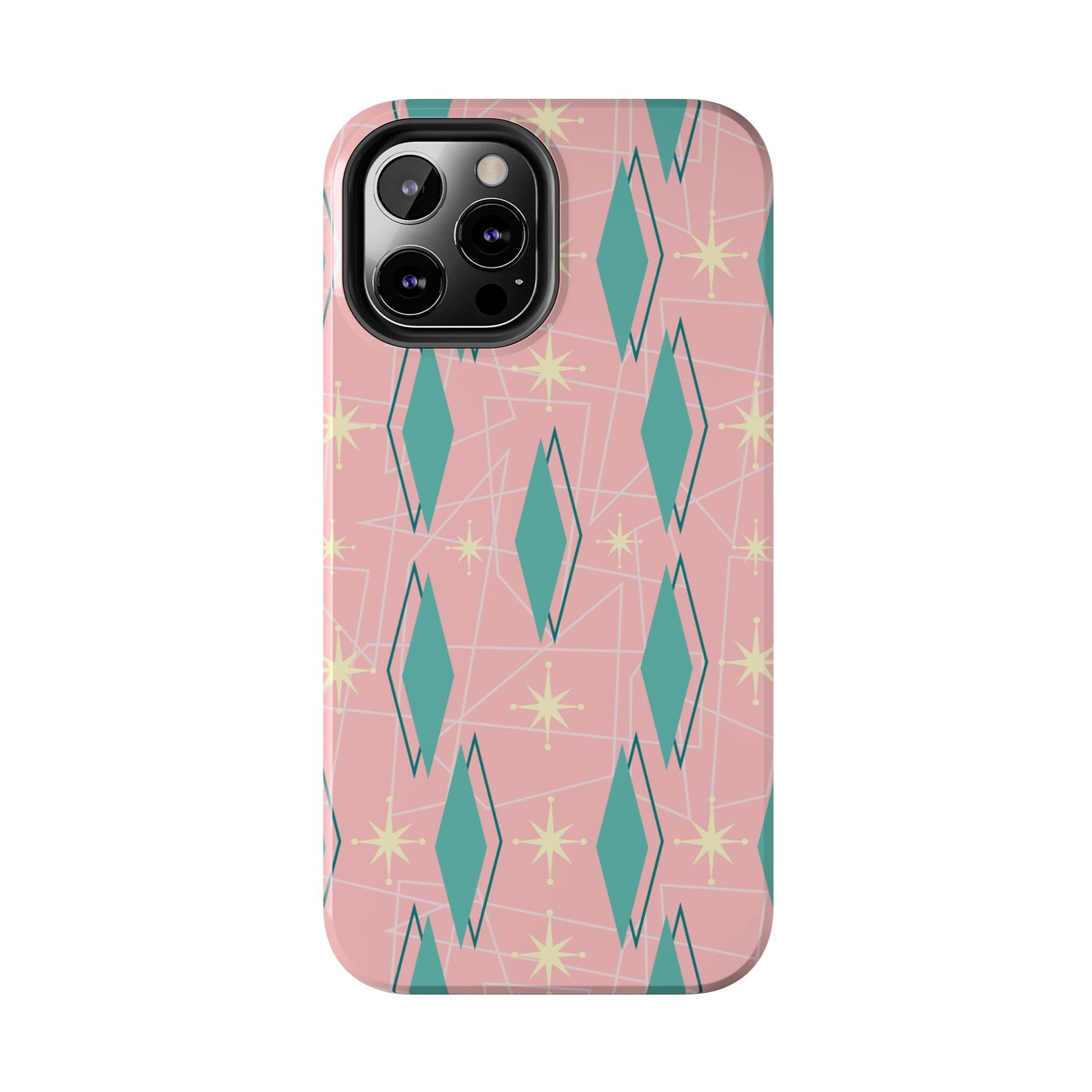 1950s Retro Star and Diamond Pattern in Pink and Green Tough iPhone Case