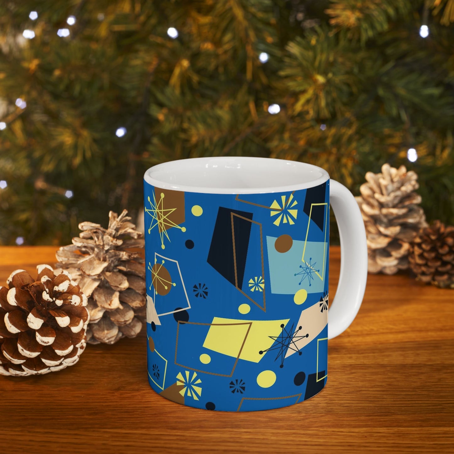 Retro Atomic Blue Ceramic Mug – Mid-Century Modern Geometric Coffee Cup (11oz/15oz)