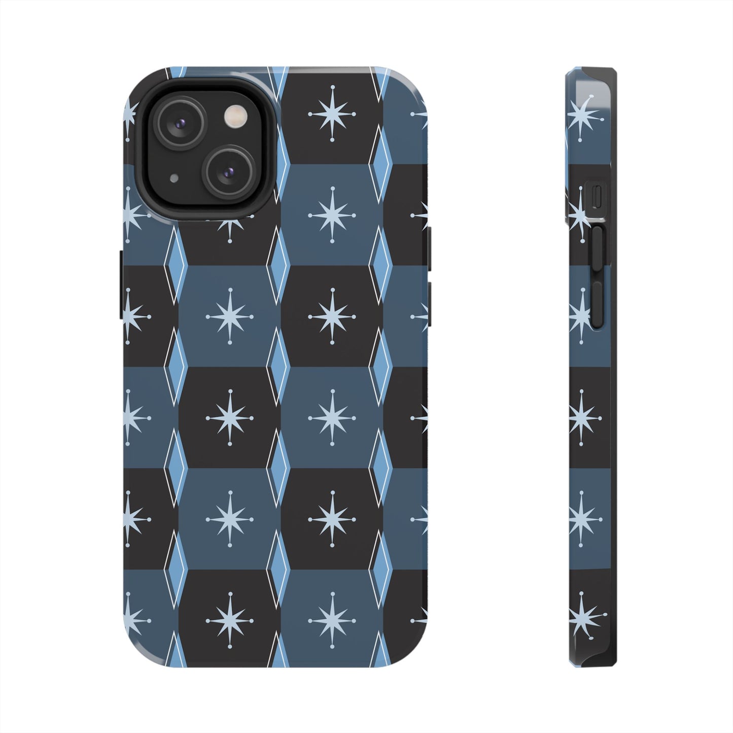 Blue and Black Diamond and Square Pattern Tough iPhone Cases