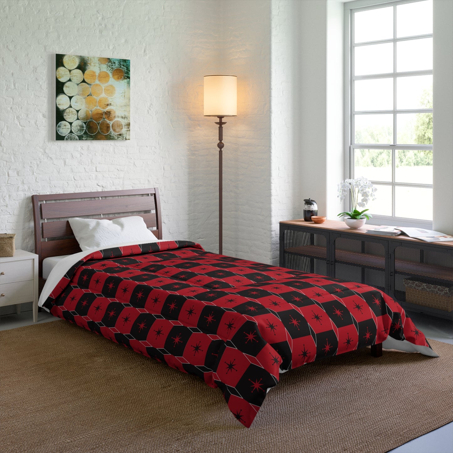 Plaid Star Comforter — Red & Black Midcentury Modern Star Pattern Bedding