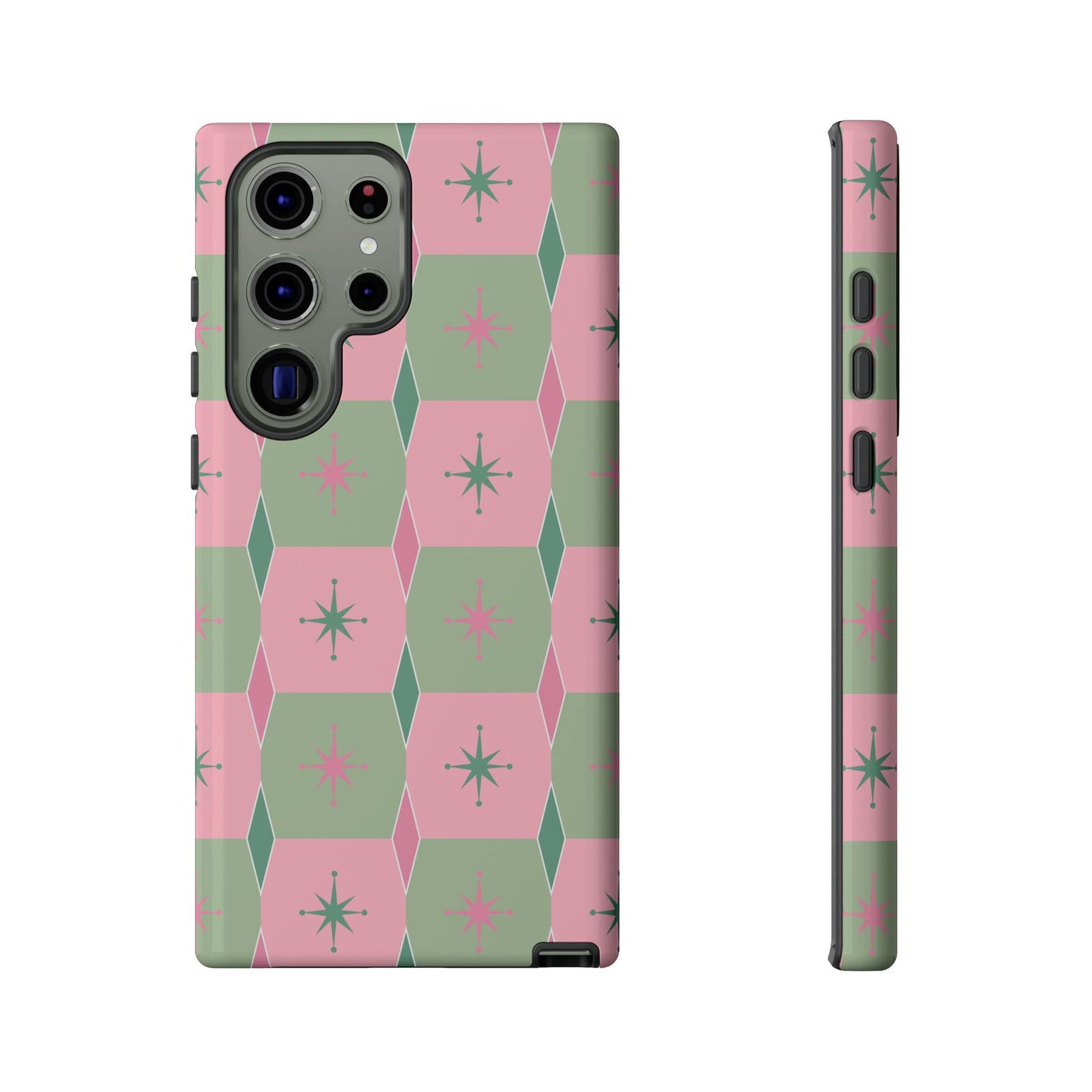 1950s Retro Square and Diamond Pattern in Pink and Green Tough Cases