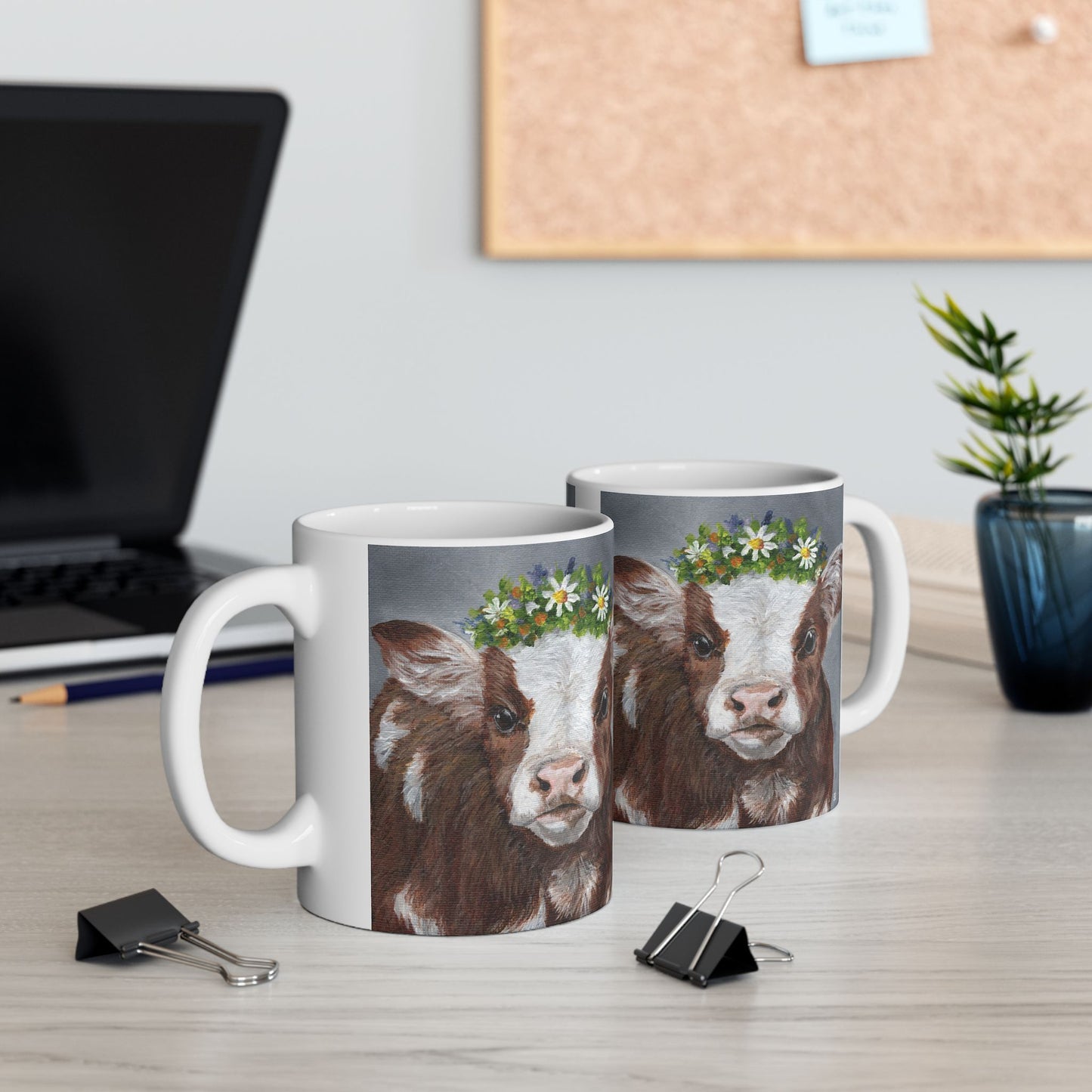 Cow with Daisy Crown Ceramic Mug — Cute Farm Animal Coffee Cup (11oz, 15oz)