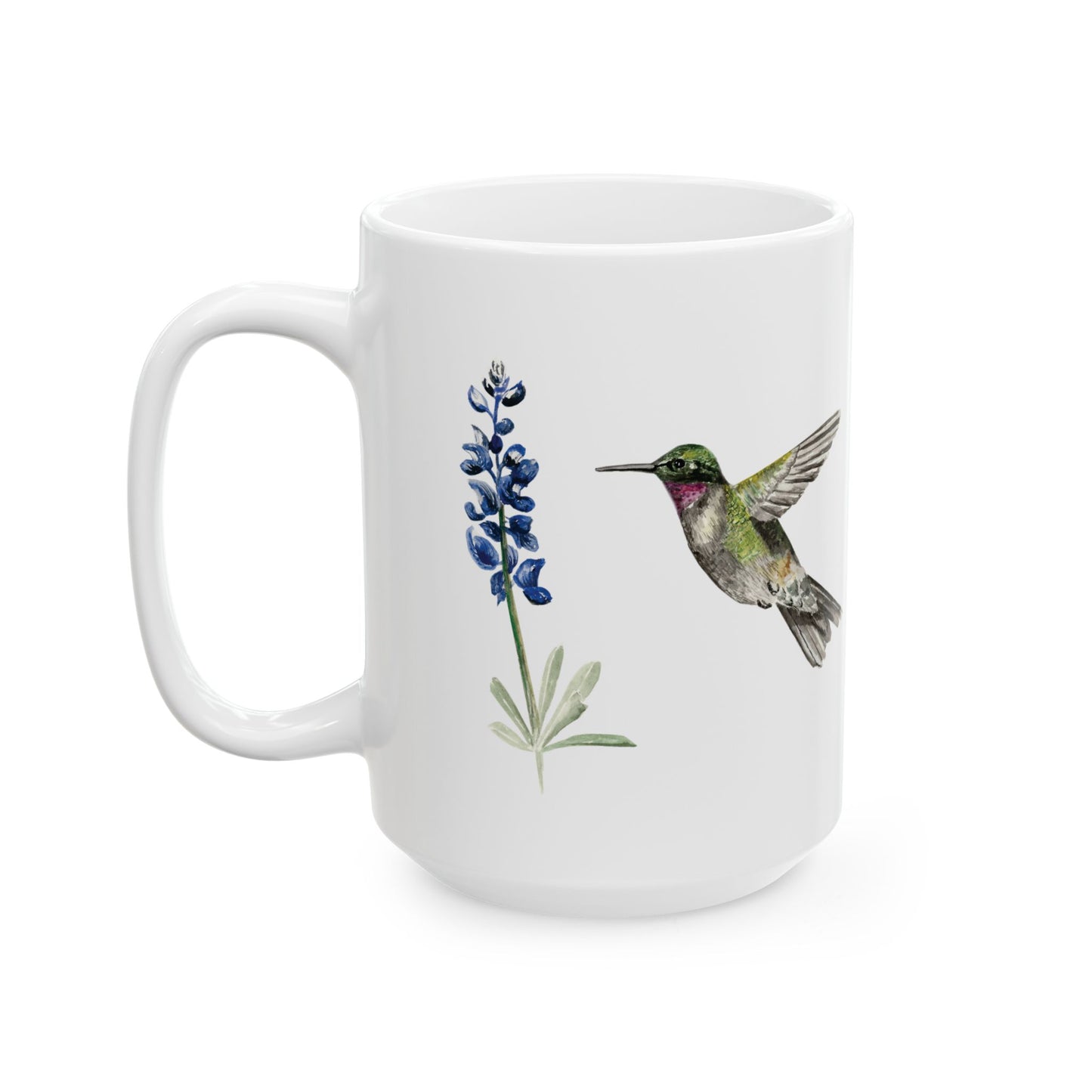 Hummingbird & Bluebonnet Ceramic Mug — Floral Bird Coffee Tea Cup (11oz, 15oz)