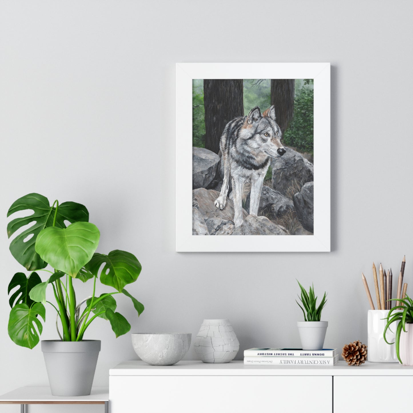 Wolf in the Woods Framed Poster — Forest Wildlife Vertical Art
