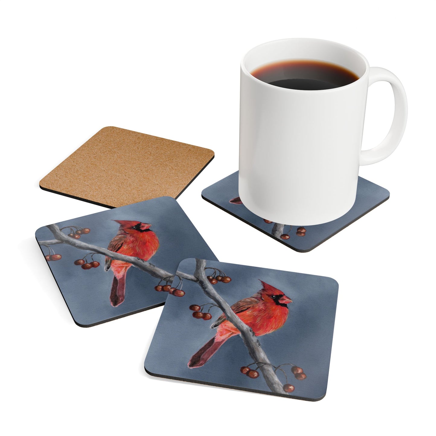 Cardinal Bird Cork Coaster Set — Hand-Painted Red Cardinal Drink Coasters (4-Pack)