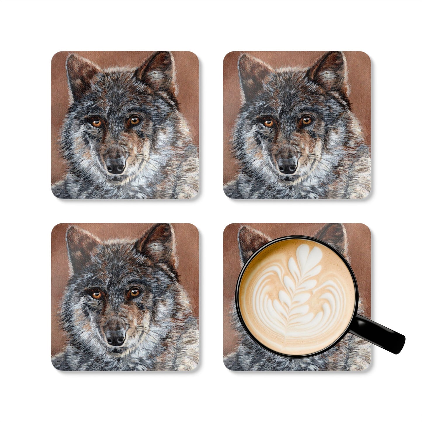 Wolf Portrait Cork Coaster Set — Rustic Wildlife Drink Coasters (4-Pack)