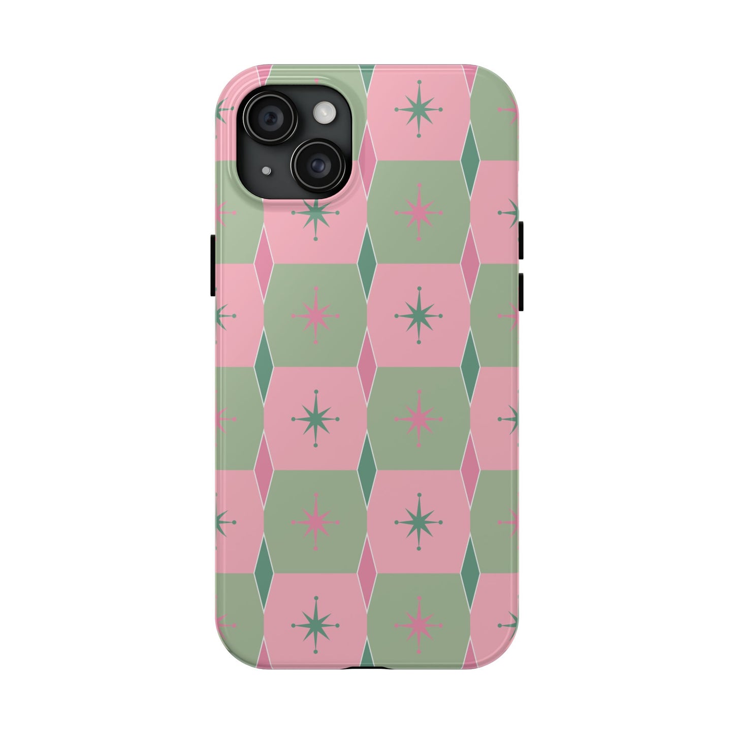 1950s Retro Square and Diamond Pattern in Pink and Green Tough iPhone Cases