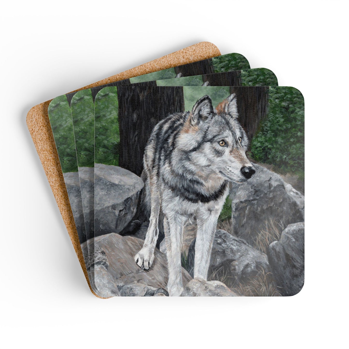 Wolf Cork Coaster Set — Rustic Wildlife Drink Coasters (4-Pack)