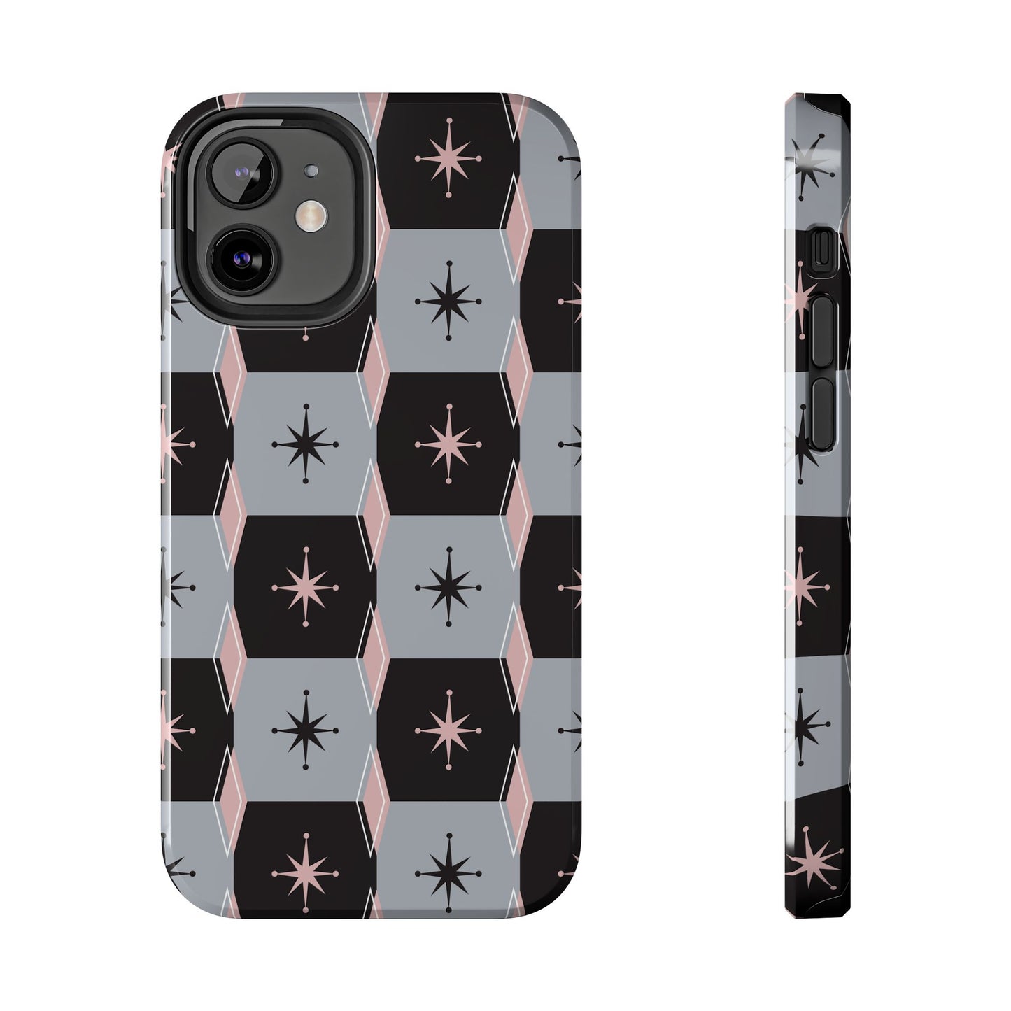 Diamond and Square Pattern in Pink, Black and Gray Tough iPhone Cases