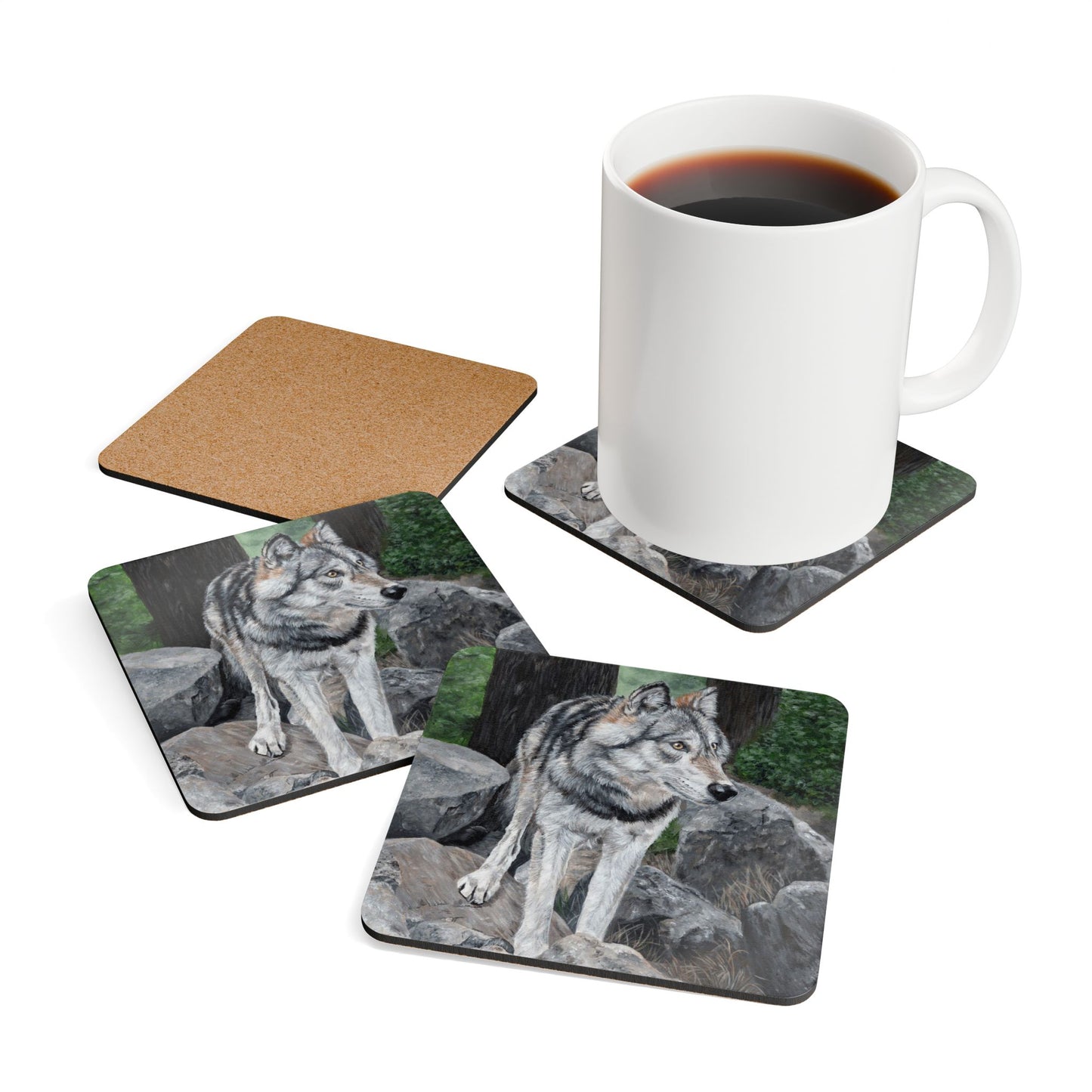 Wolf Cork Coaster Set — Rustic Wildlife Drink Coasters (4-Pack)