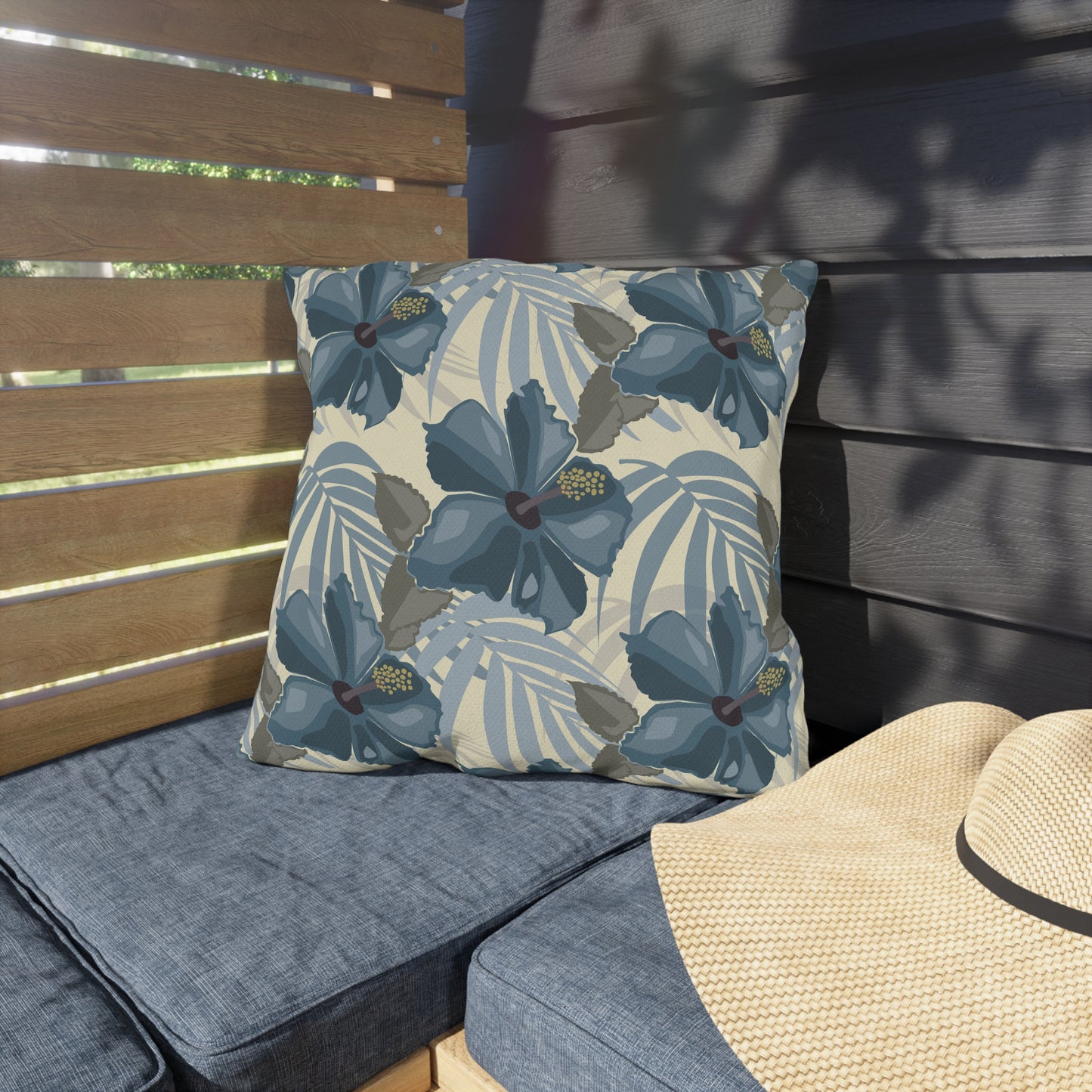 Blue Hibiscus in Earthtones Outdoor Pillows