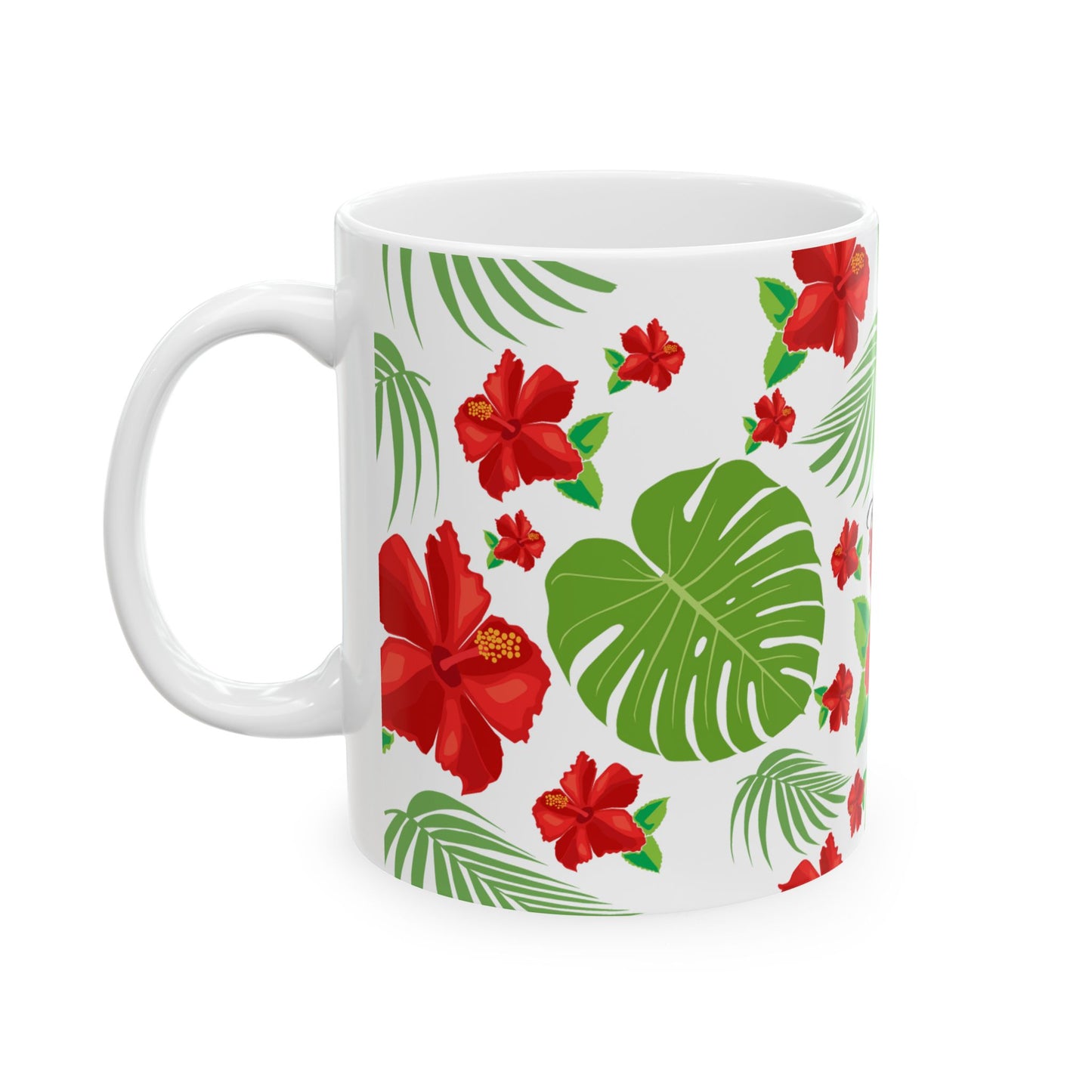 Tropical Hibiscus Mug — Floral Palm Leaf Coffee Cup (11oz/15oz)