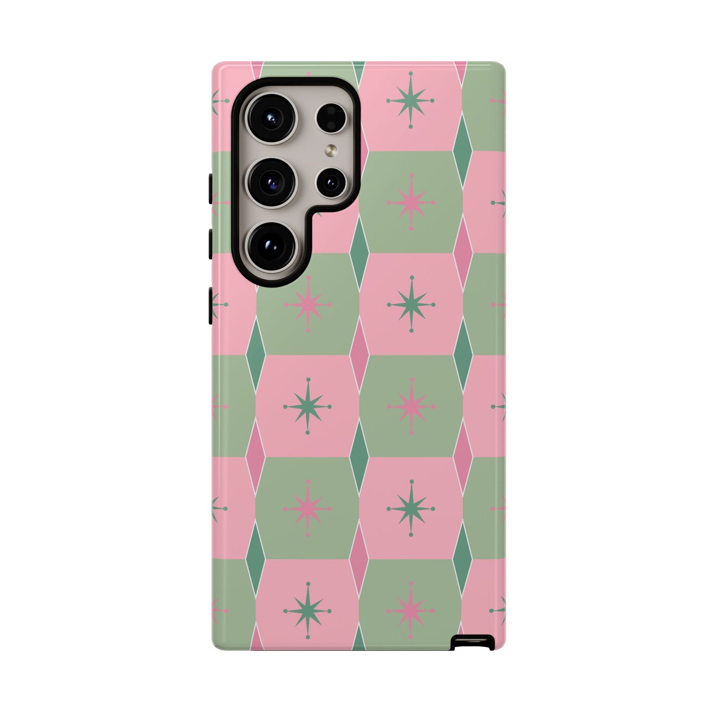 1950s Retro Square and Diamond Pattern in Pink and Green Tough Cases