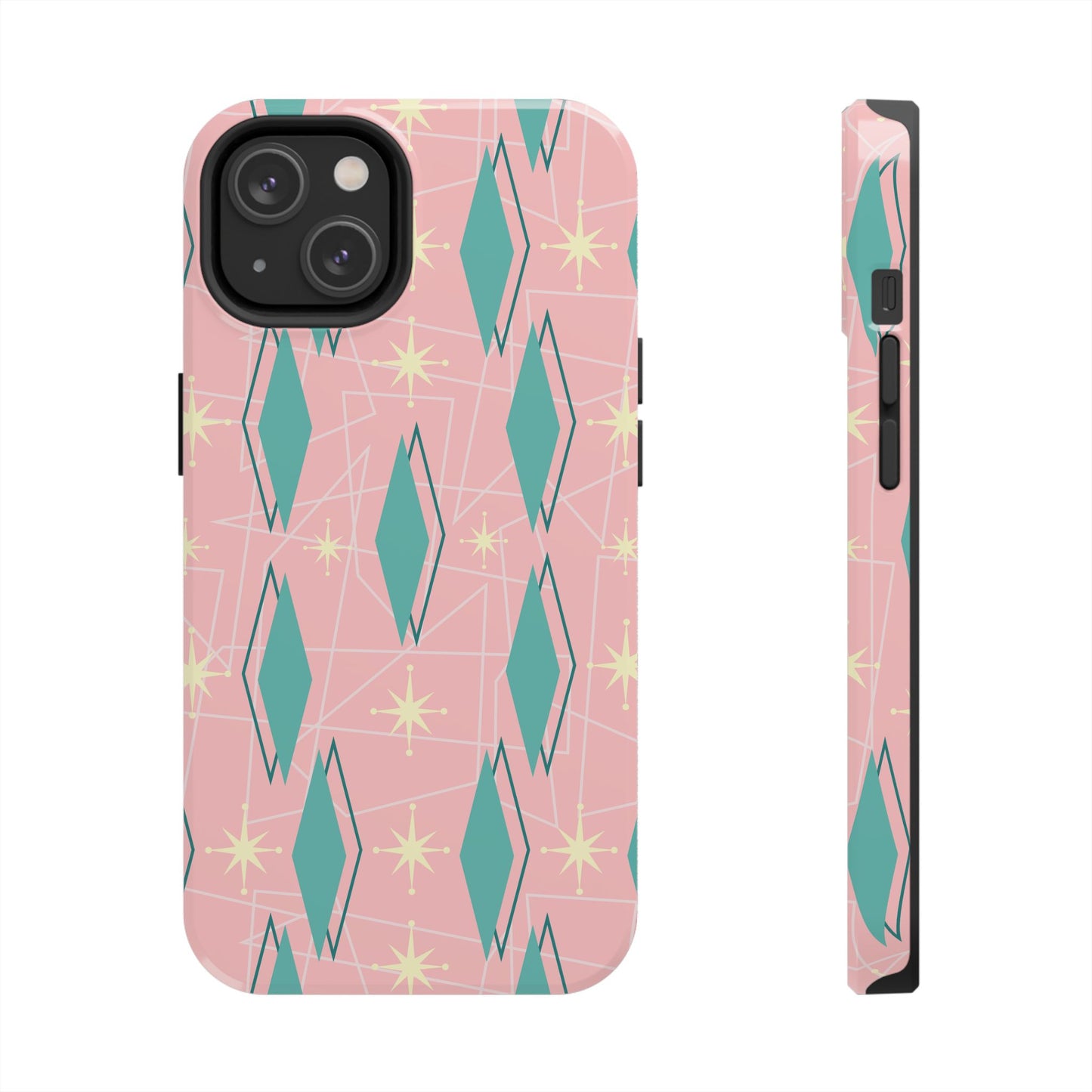 1950s Retro Star and Diamond Pattern in Pink and Green Tough iPhone Case