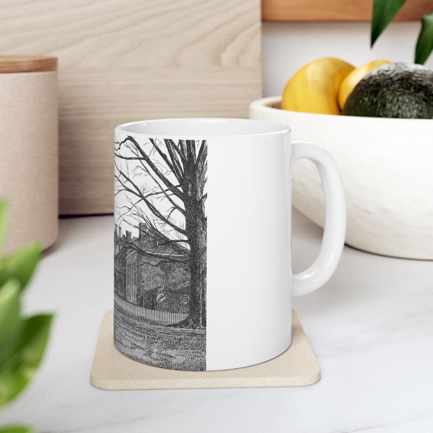 Wren Building, CWM Ceramic Mug — Black & White Architectural Illustration (11oz, 15oz)