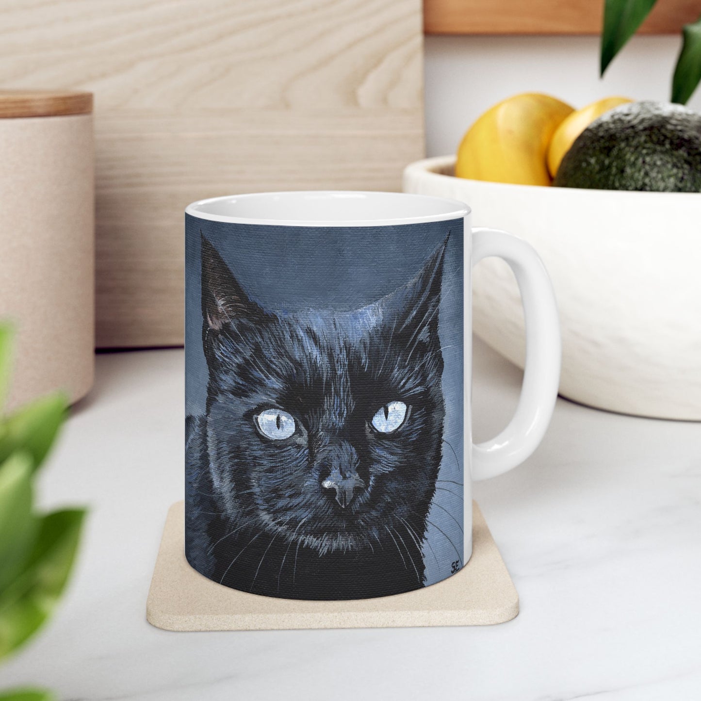 Black Cat Portrait Mug — Ceramic Coffee Cup with Moody Blue Background (11oz, 15oz)