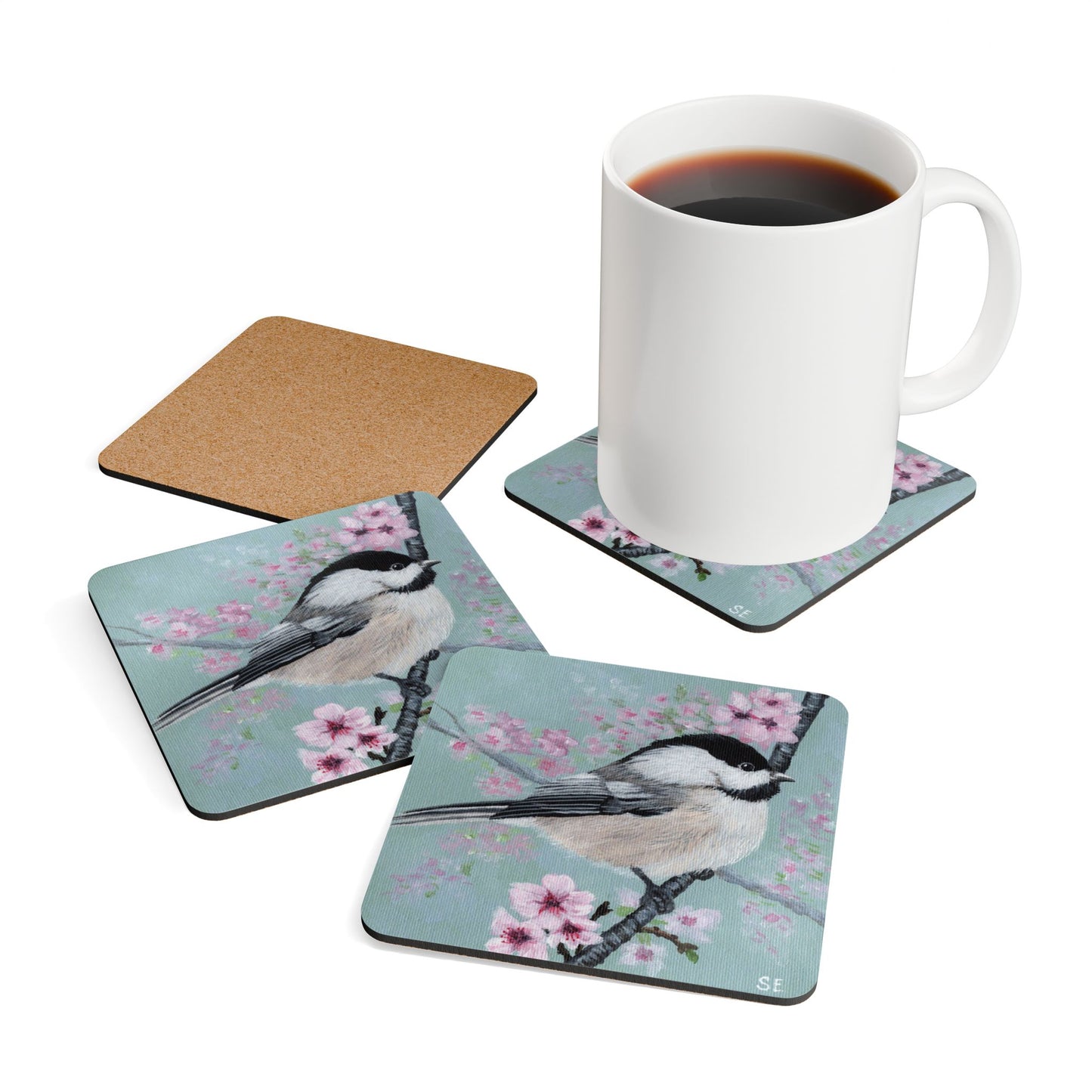 Bird & Cherry Blossom Cork Coaster Set — Chickadee Art Drink Coasters