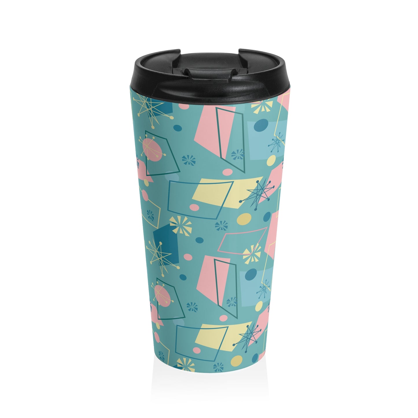 Retro Geometric Travel Mug — Teal Mid-Century Pattern