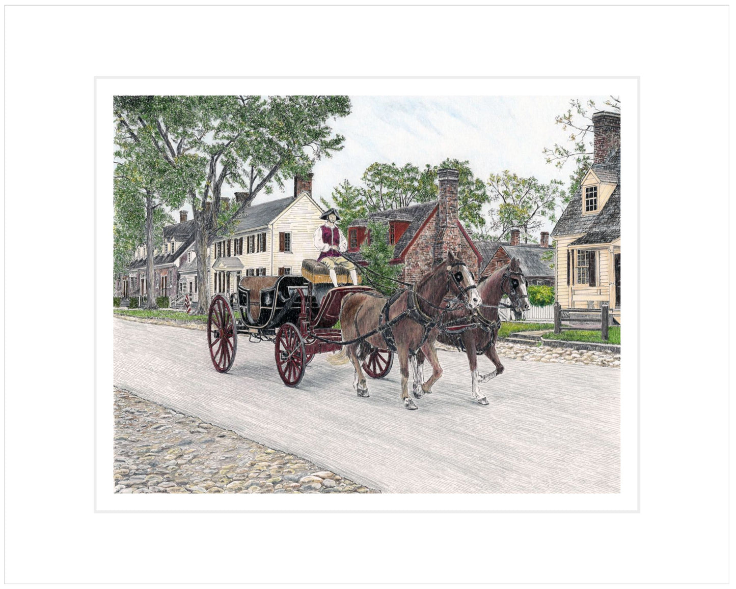 Colonial Williamsburg's Carriage Ride, Williamsburg, Virginia 11 x 14 Pen and Ink/Colored Pencil Archival Matte Giclee Fine Art Print with Optional Mat and/or Frame