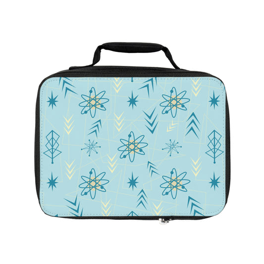 Retro Atomic Lunch Bag — Mid-Century Blue Patterned Insulated Tote