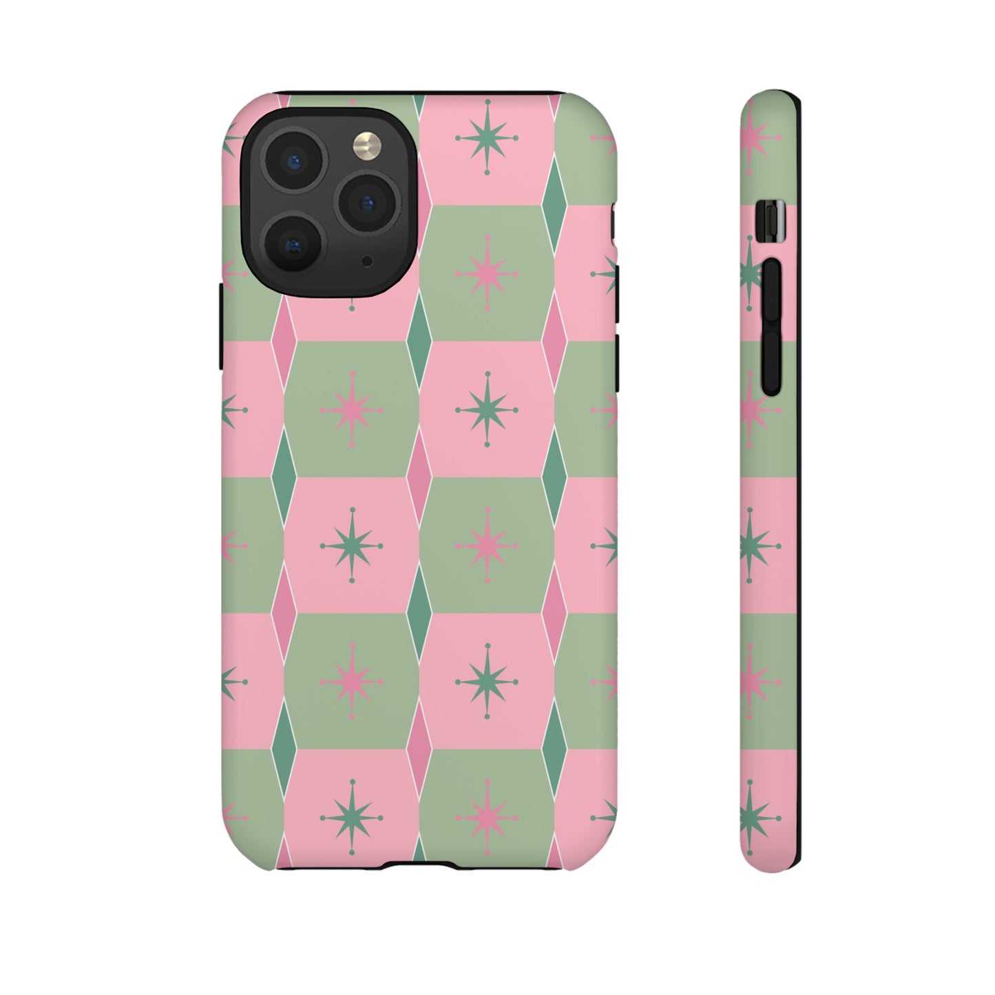 1950s Retro Square and Diamond Pattern in Pink and Green Tough Cases