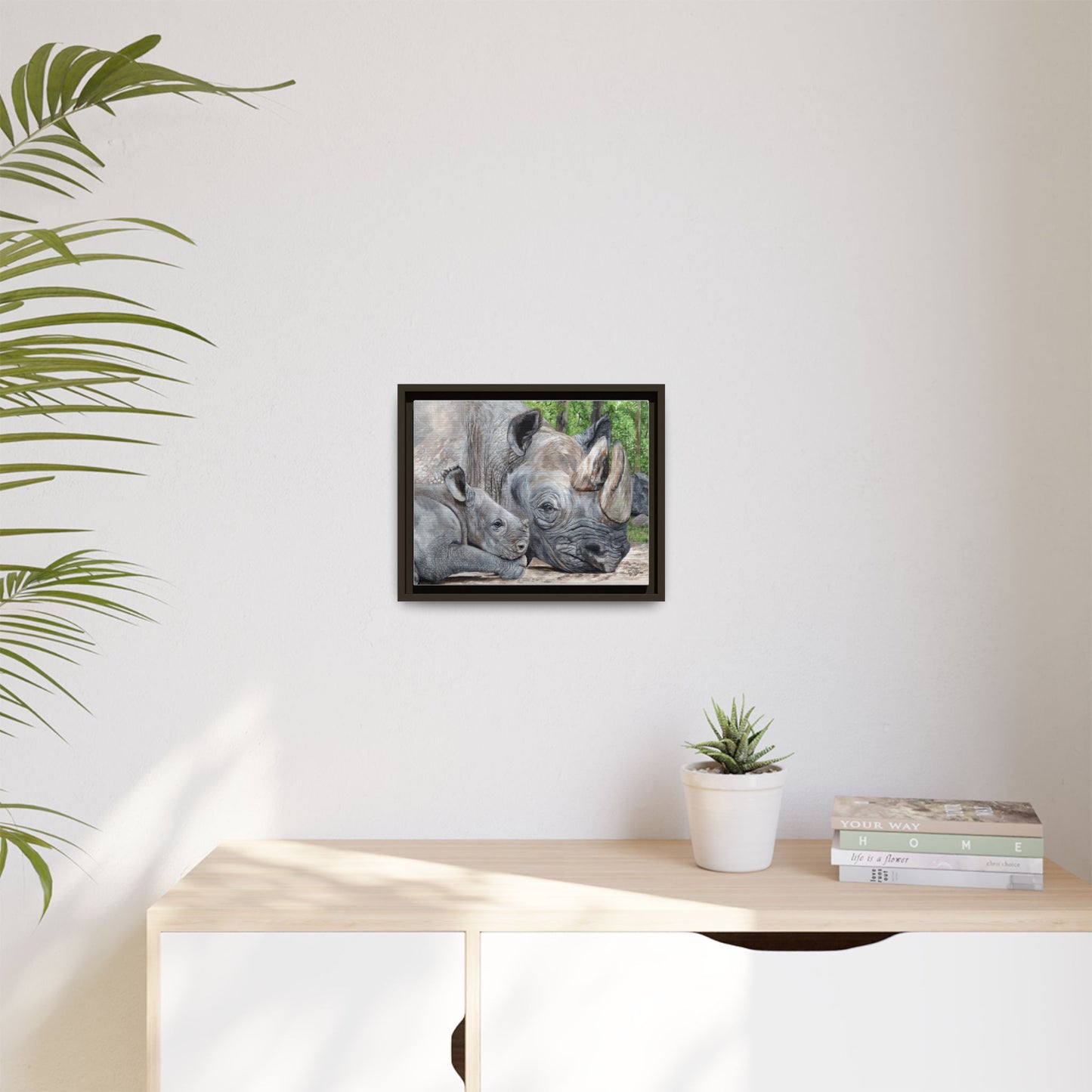 Framed Rhino & Calf Matte Canvas Print — Wildlife Nursery Wall Art