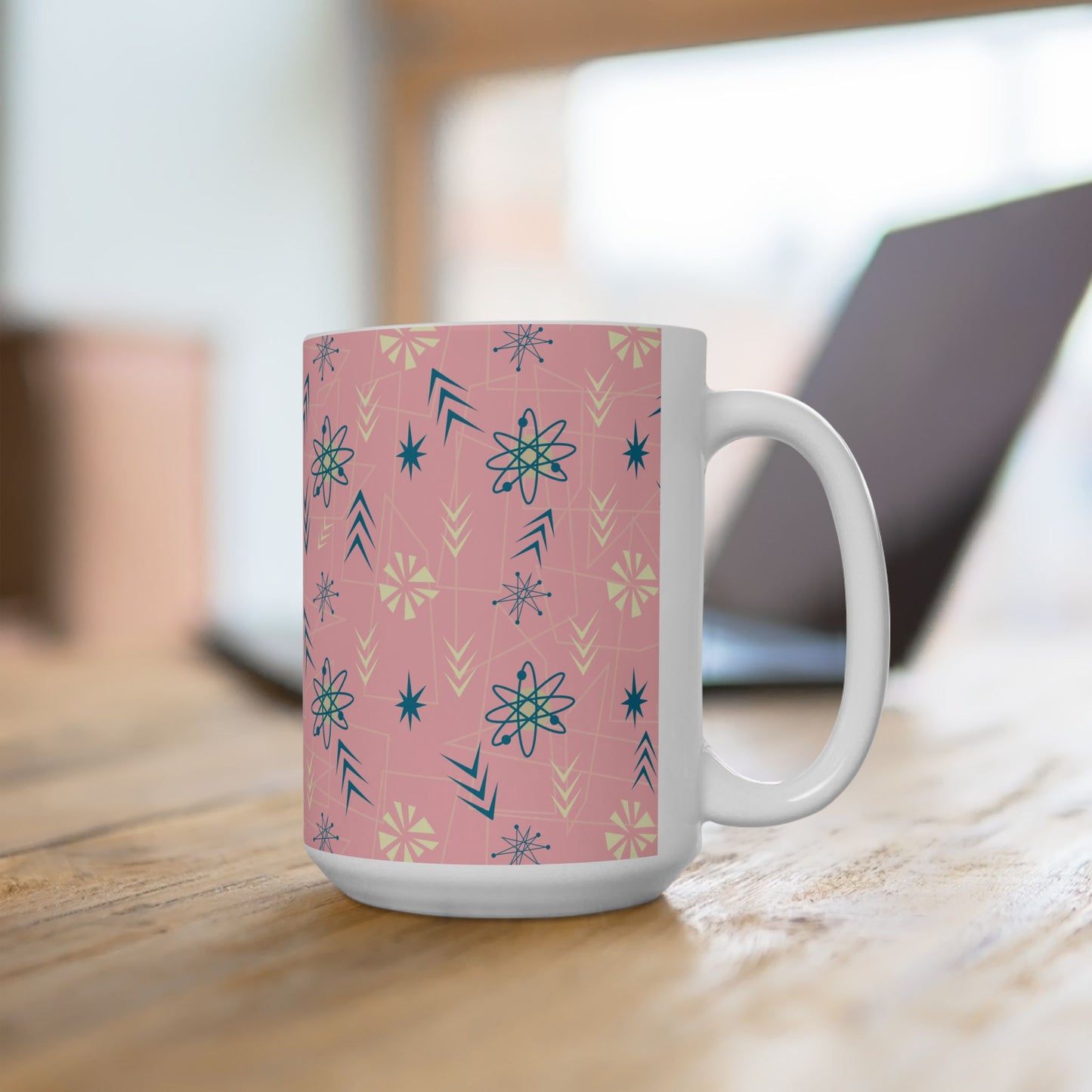 Pink Retro Starburst Ceramic Mug – Mid-Century Modern Coffee Cup (11oz/15oz)