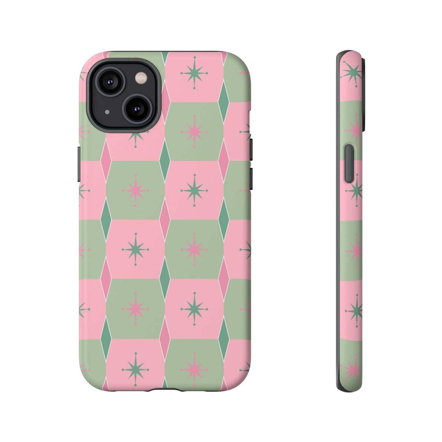 1950s Retro Square and Diamond Pattern in Pink and Green Tough Cases