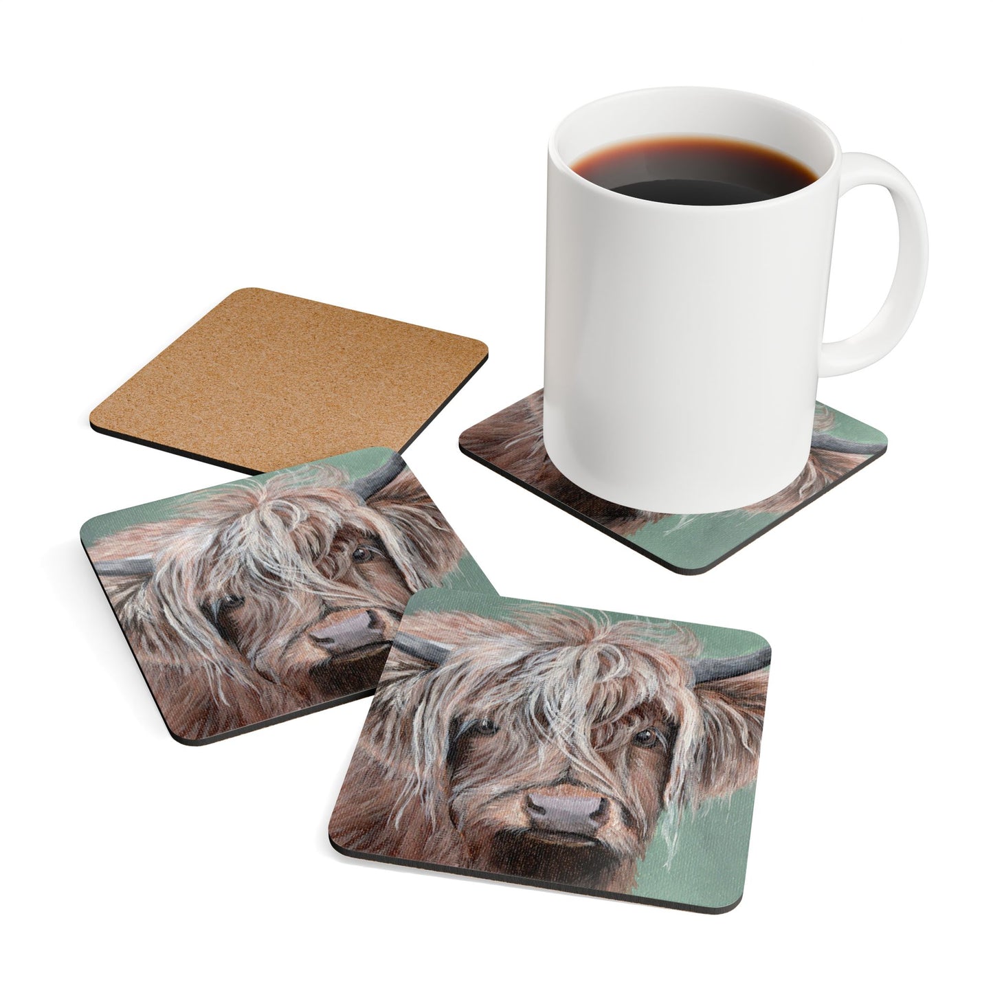 Highland Cow Cork Coaster Set — Rustic Farmhouse Drink Coasters (4-Pack)