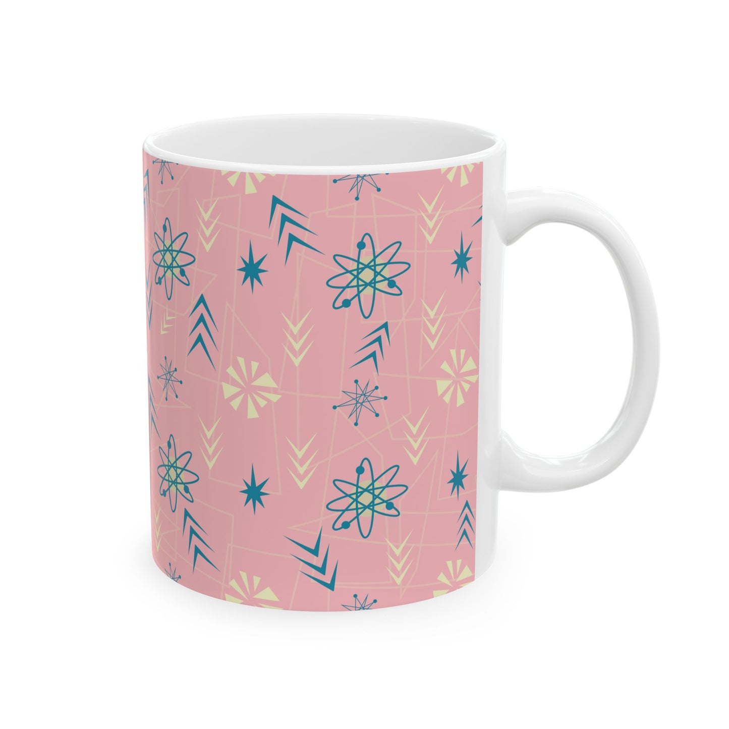 Pink Retro Starburst Ceramic Mug – Mid-Century Modern Coffee Cup (11oz/15oz)