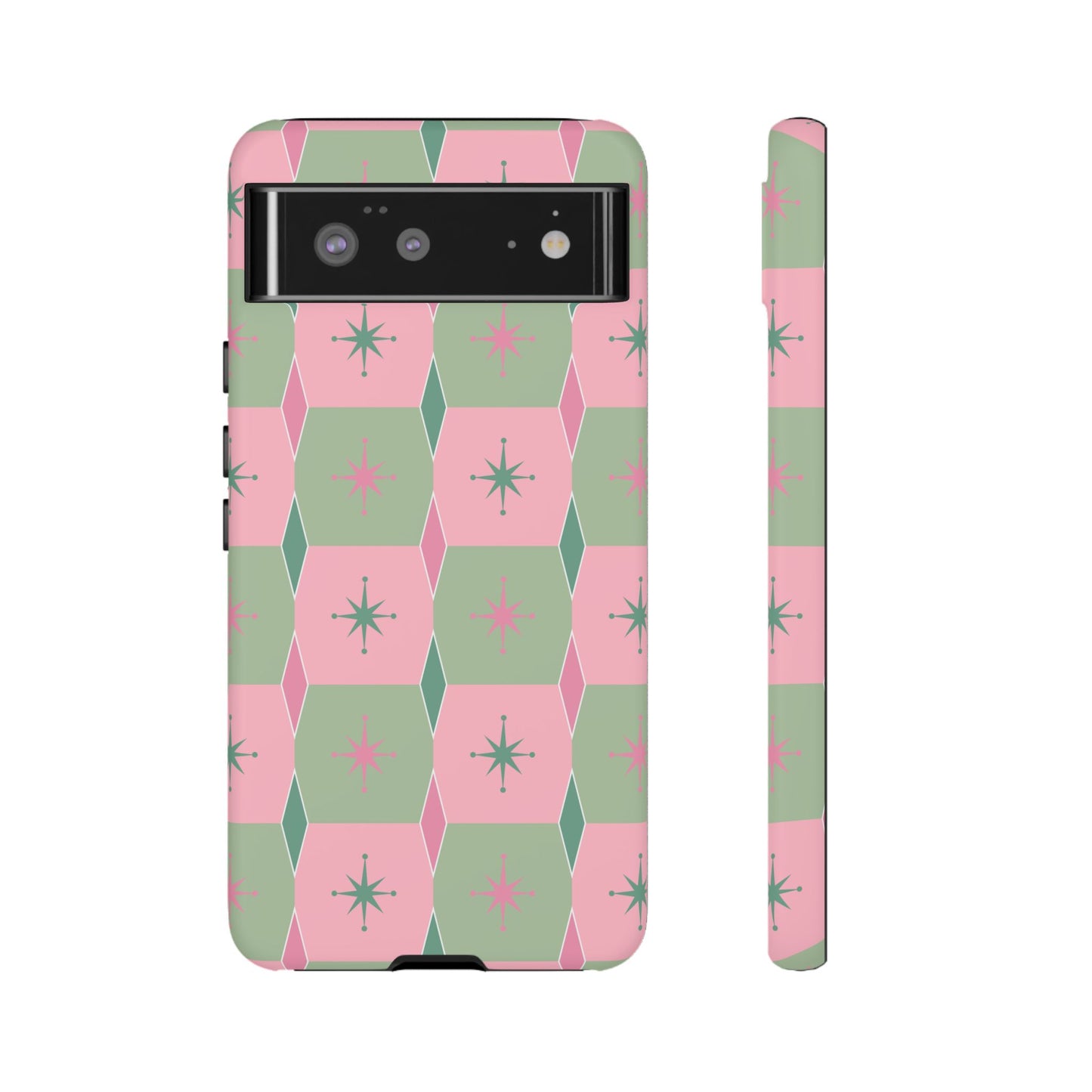 1950s Retro Square and Diamond Pattern in Pink and Green Tough Cases