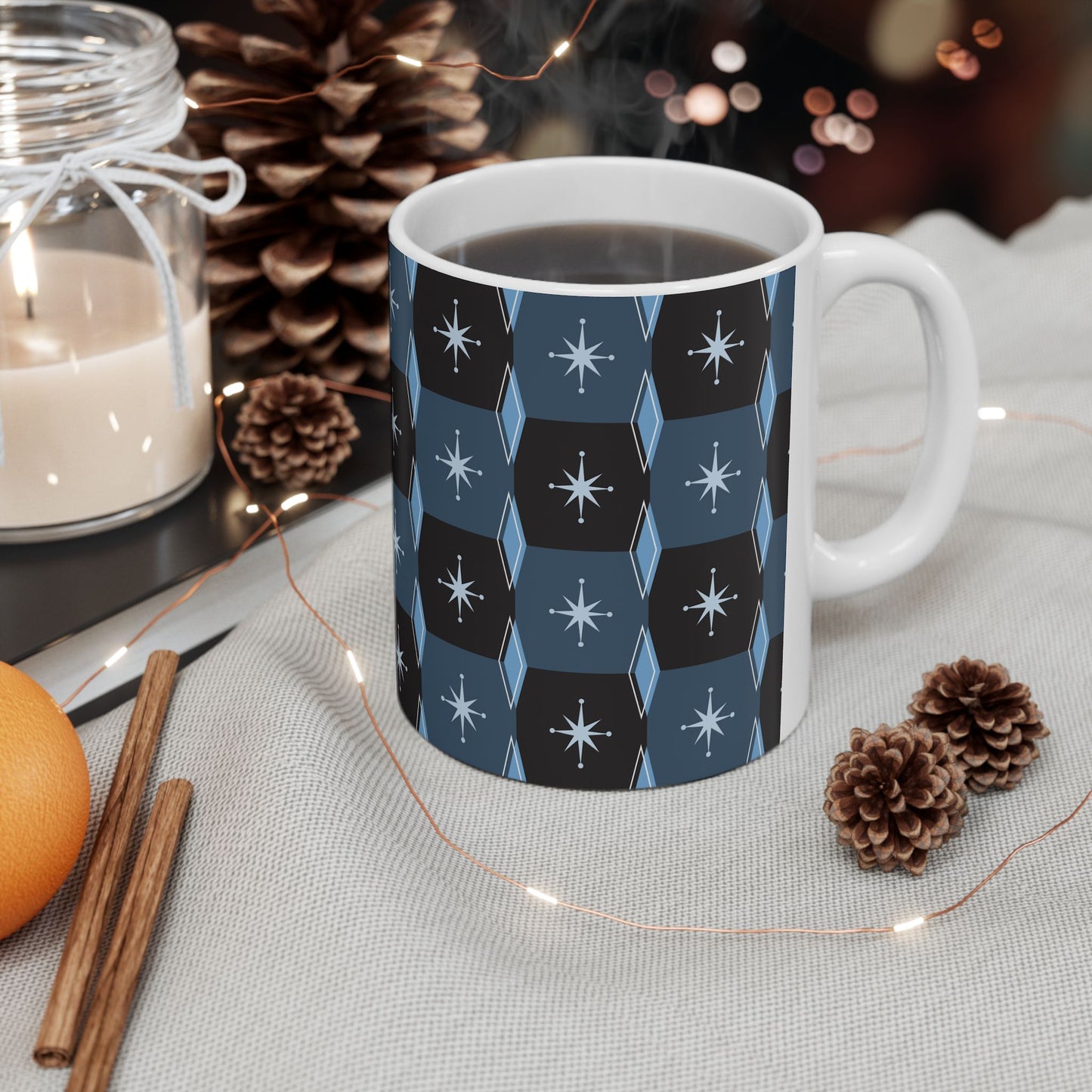 Retro Starburst Pattern Ceramic Mug — Mid-Century Modern Blue Coffee Cup (11oz, 15oz)